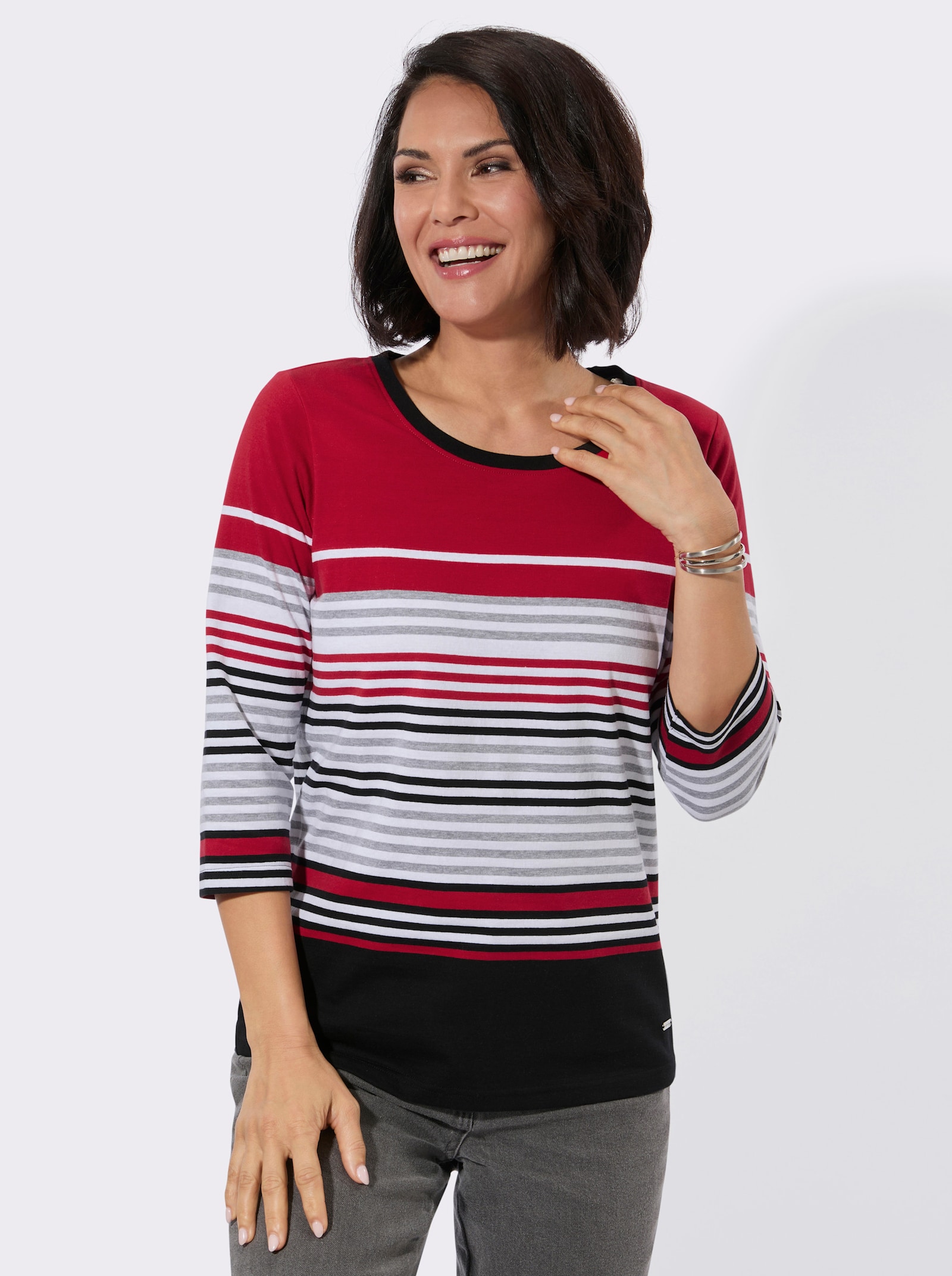 Rundhalsshirt mit 3/4-Ärmeln - rot-weiß-geringelt