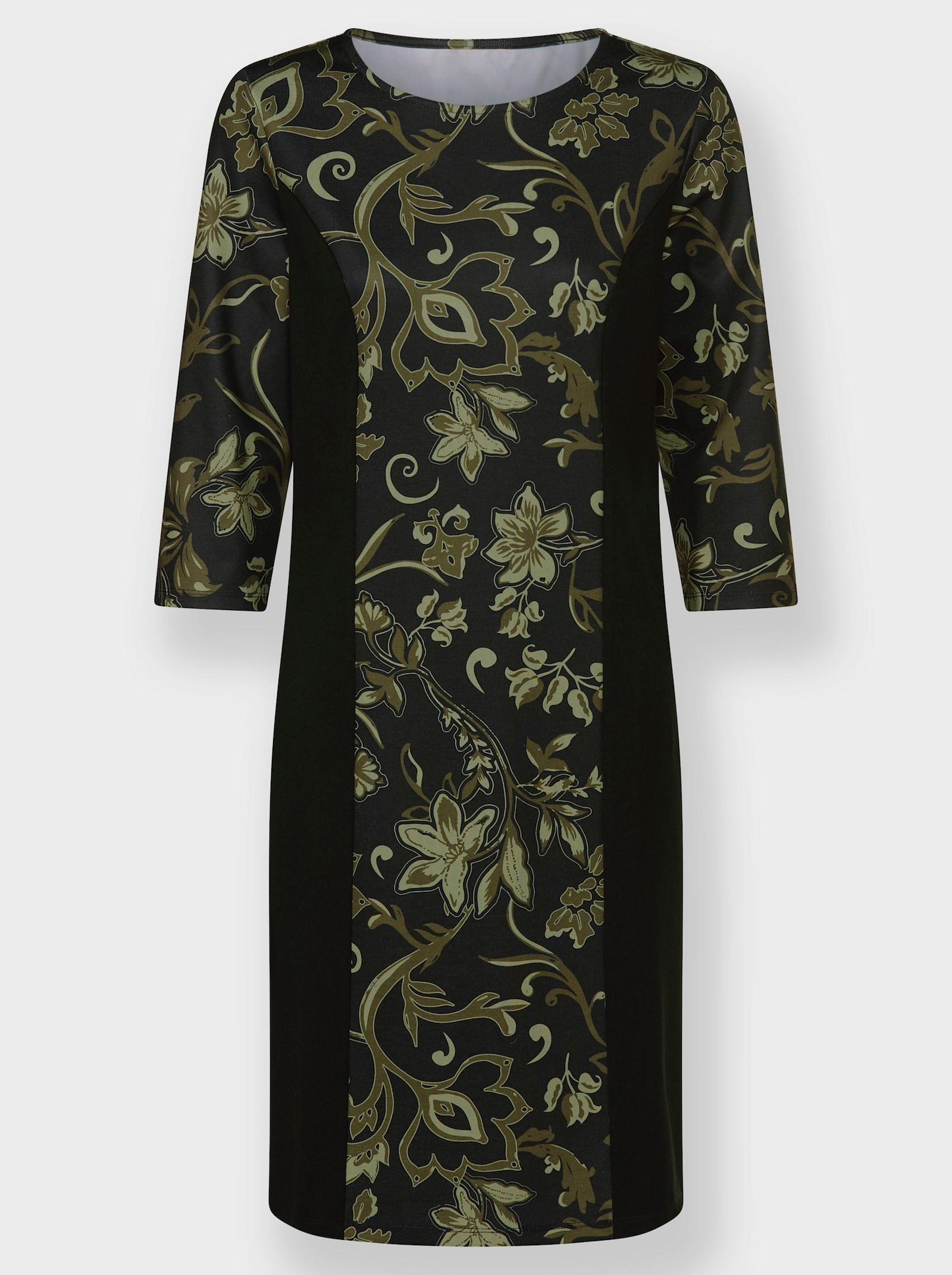 Jerseykleid im floralen Dessin - schwarz-oliv-bedruckt