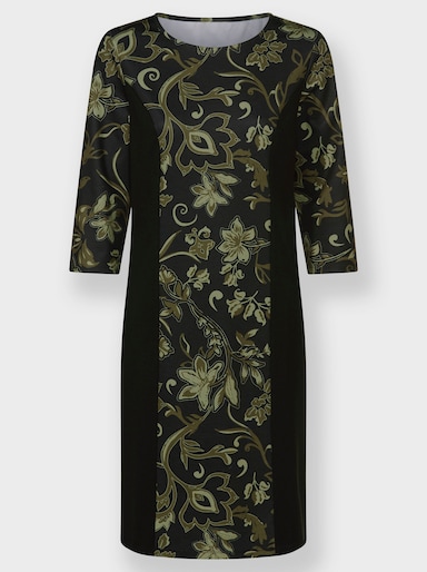 Jerseykleid - schwarz-oliv-bedruckt