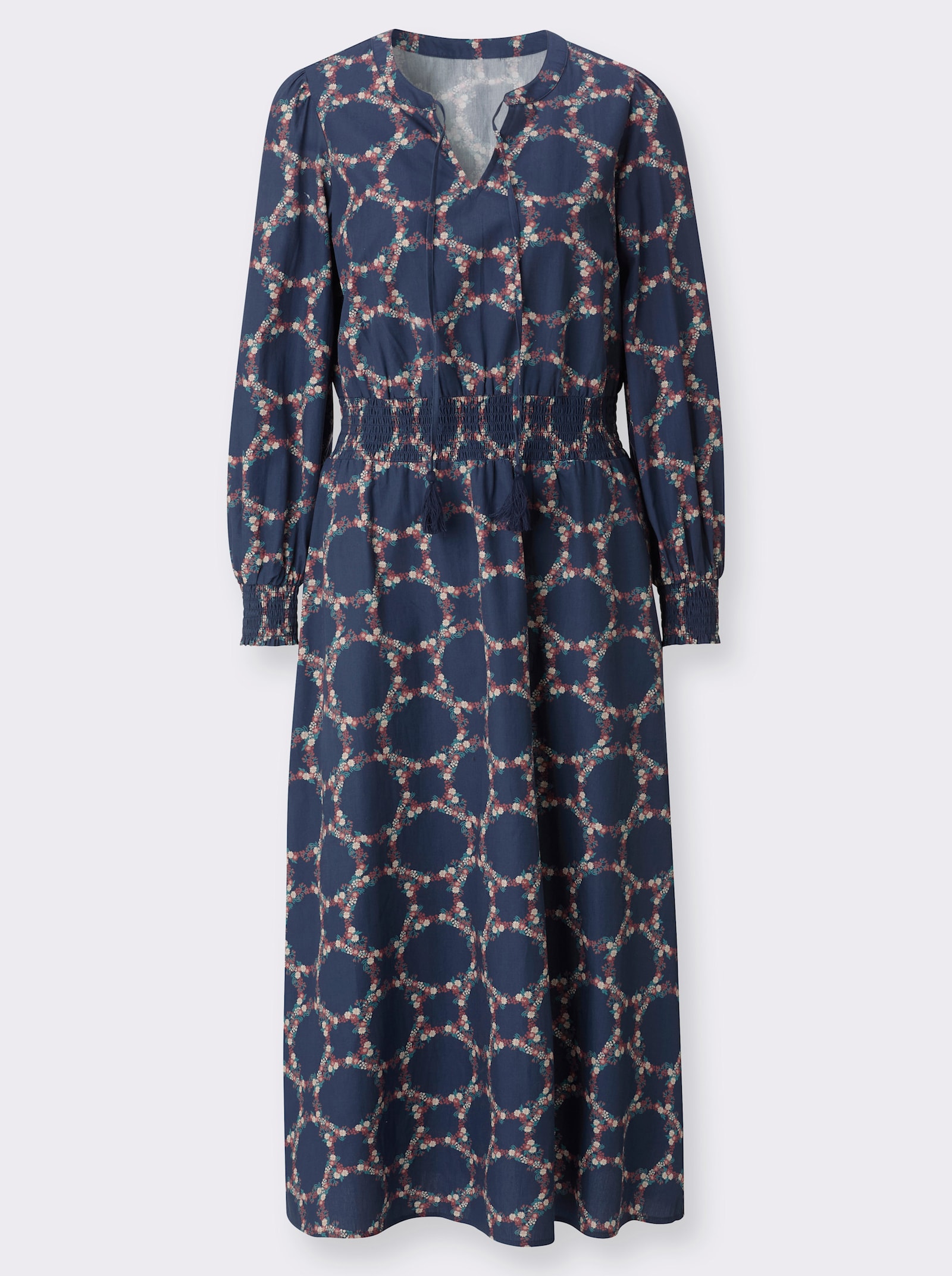 Baumwollkleid mit Smok-Details - rauchblau-rosenholz-bedruckt