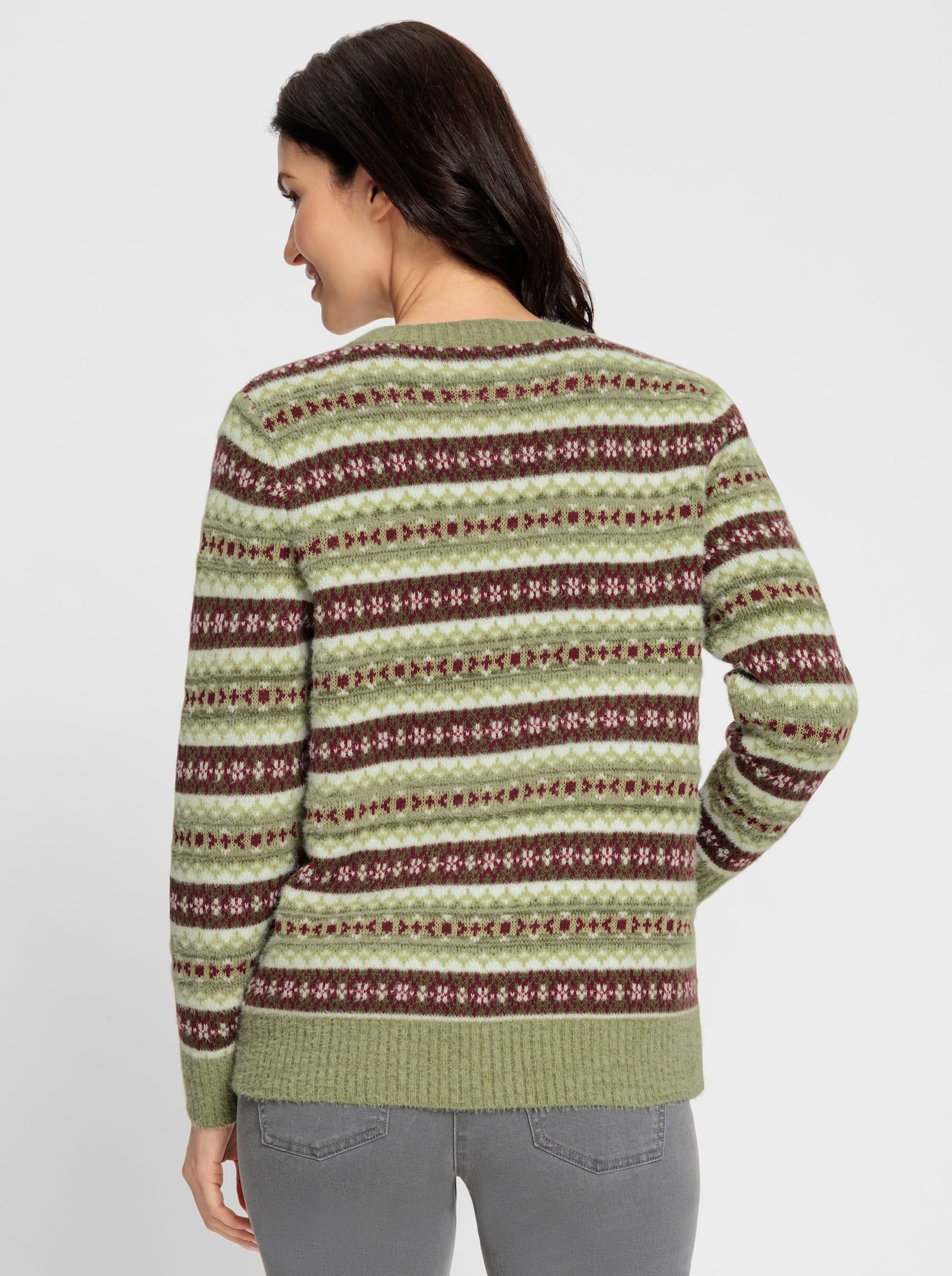 Vest van jacquard met merinowol - rietgroen/bordeaux gedessineerd