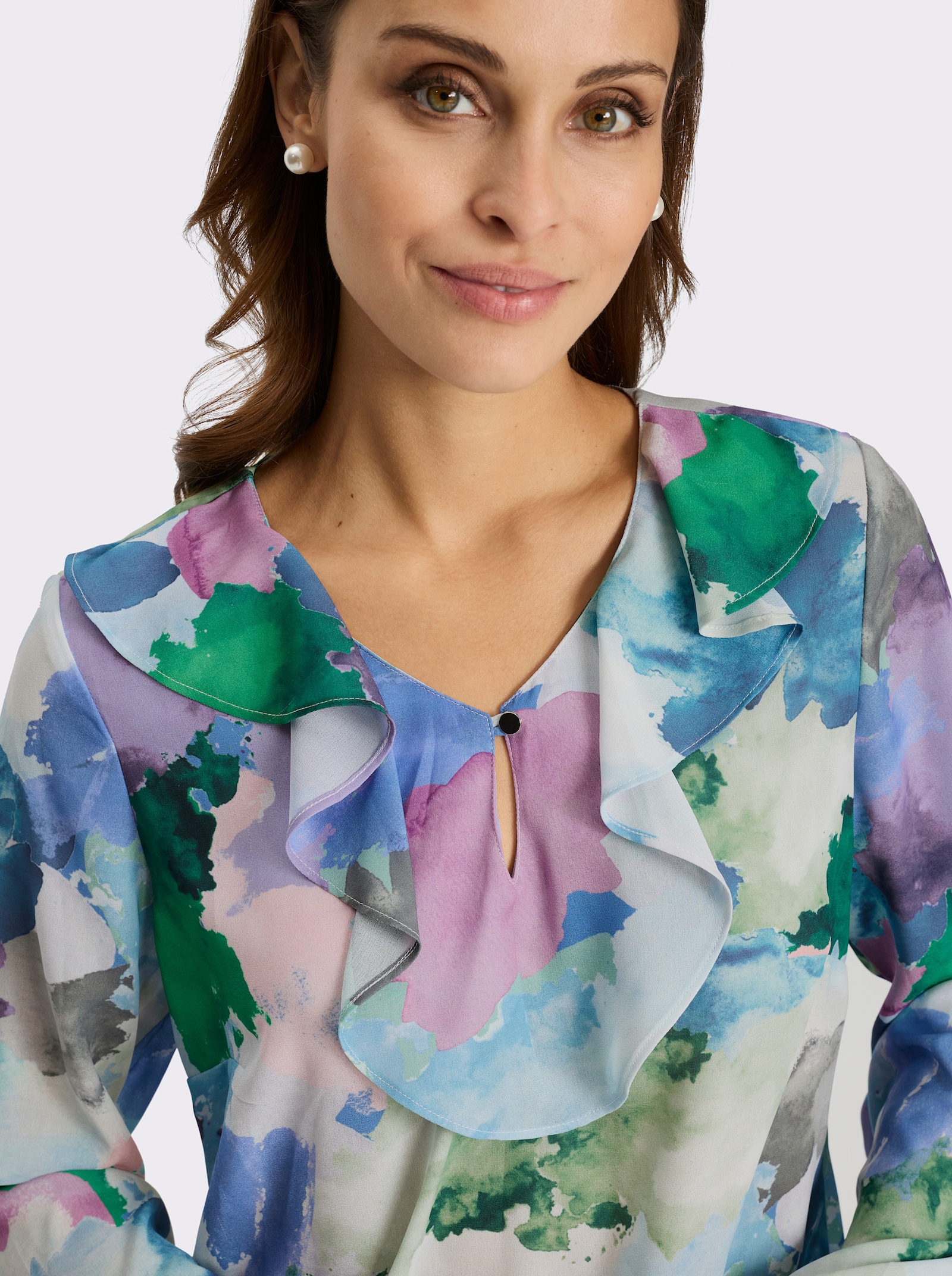 Schlupfbluse mit Volants - eisblau-rosé-bedruckt