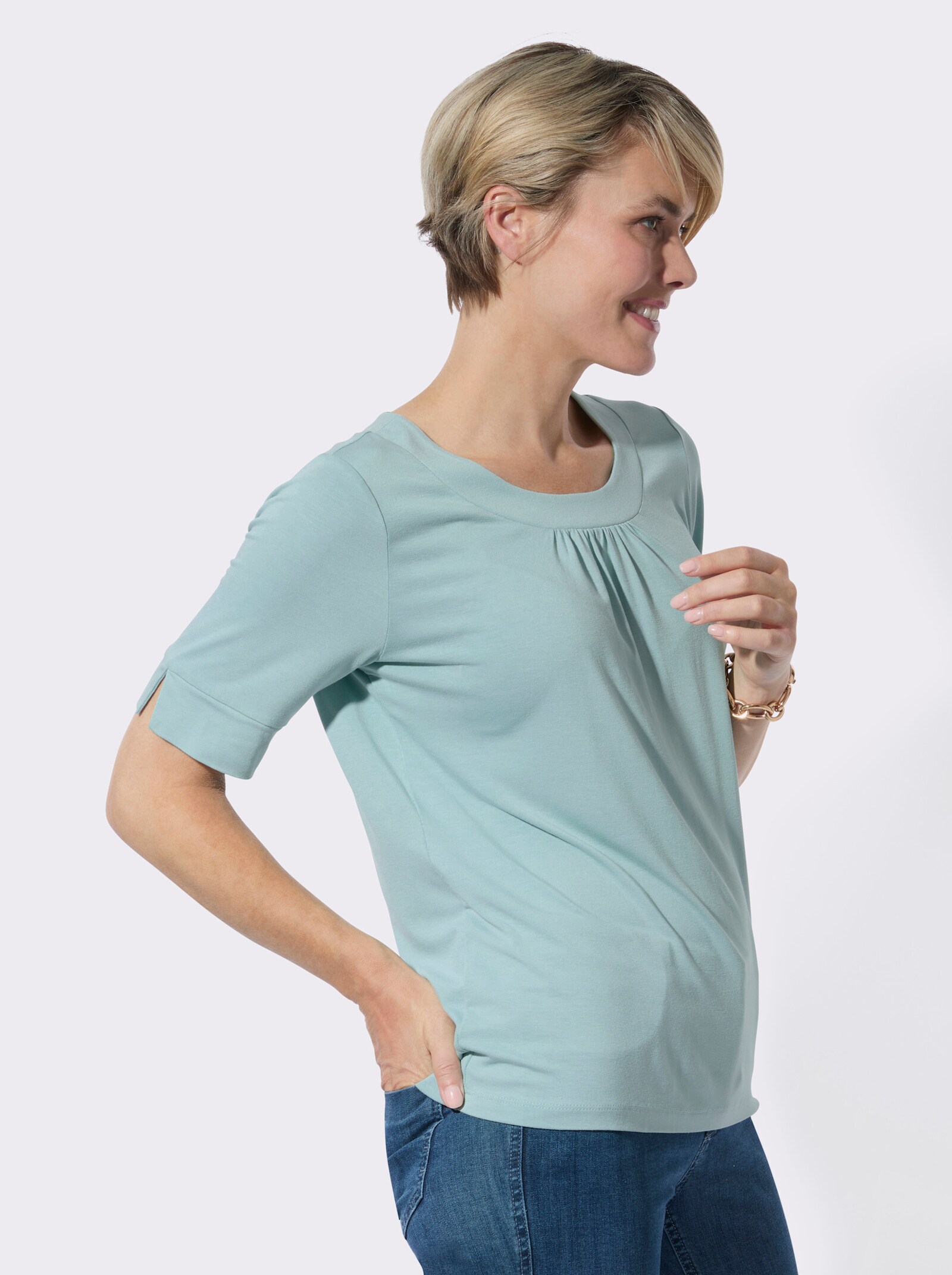 Rundhalsshirt mit dezenter Raffung - mint