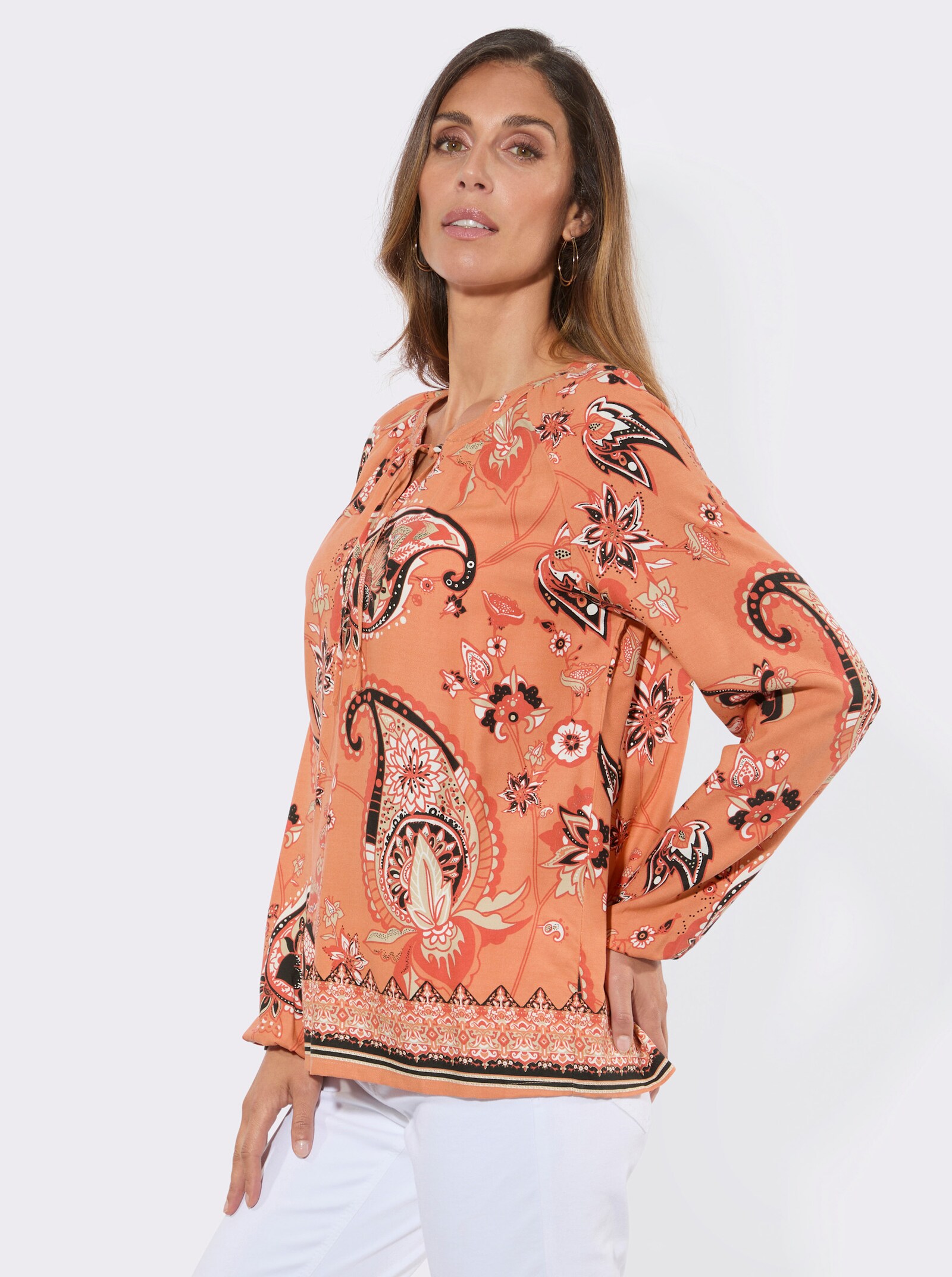 Druckbluse mit Bordürendruck - papaya-schwarz-bedruckt