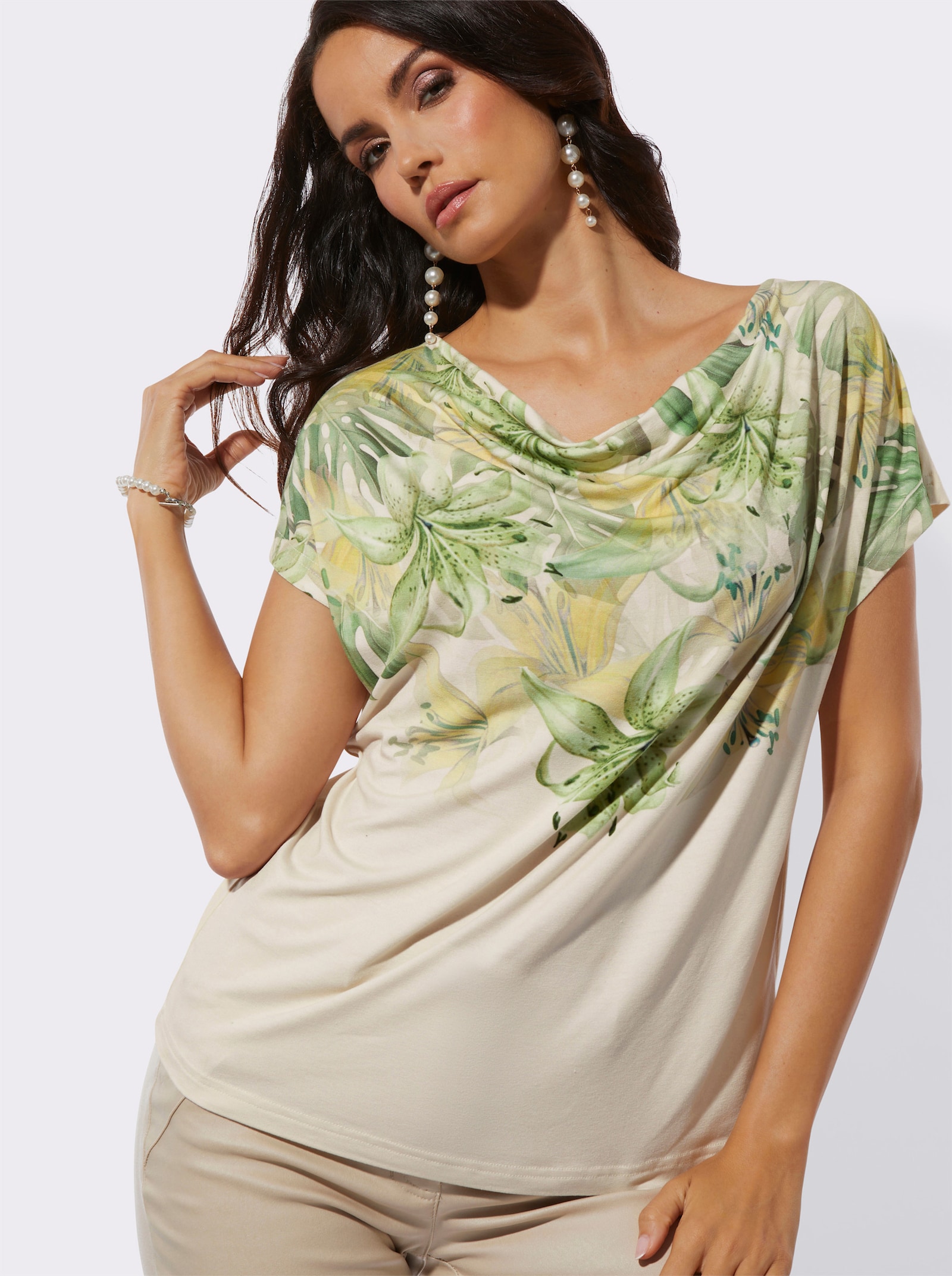 Wasserfallshirt mit platziertem Druckmuster - champagner-pistazie-bedruckt