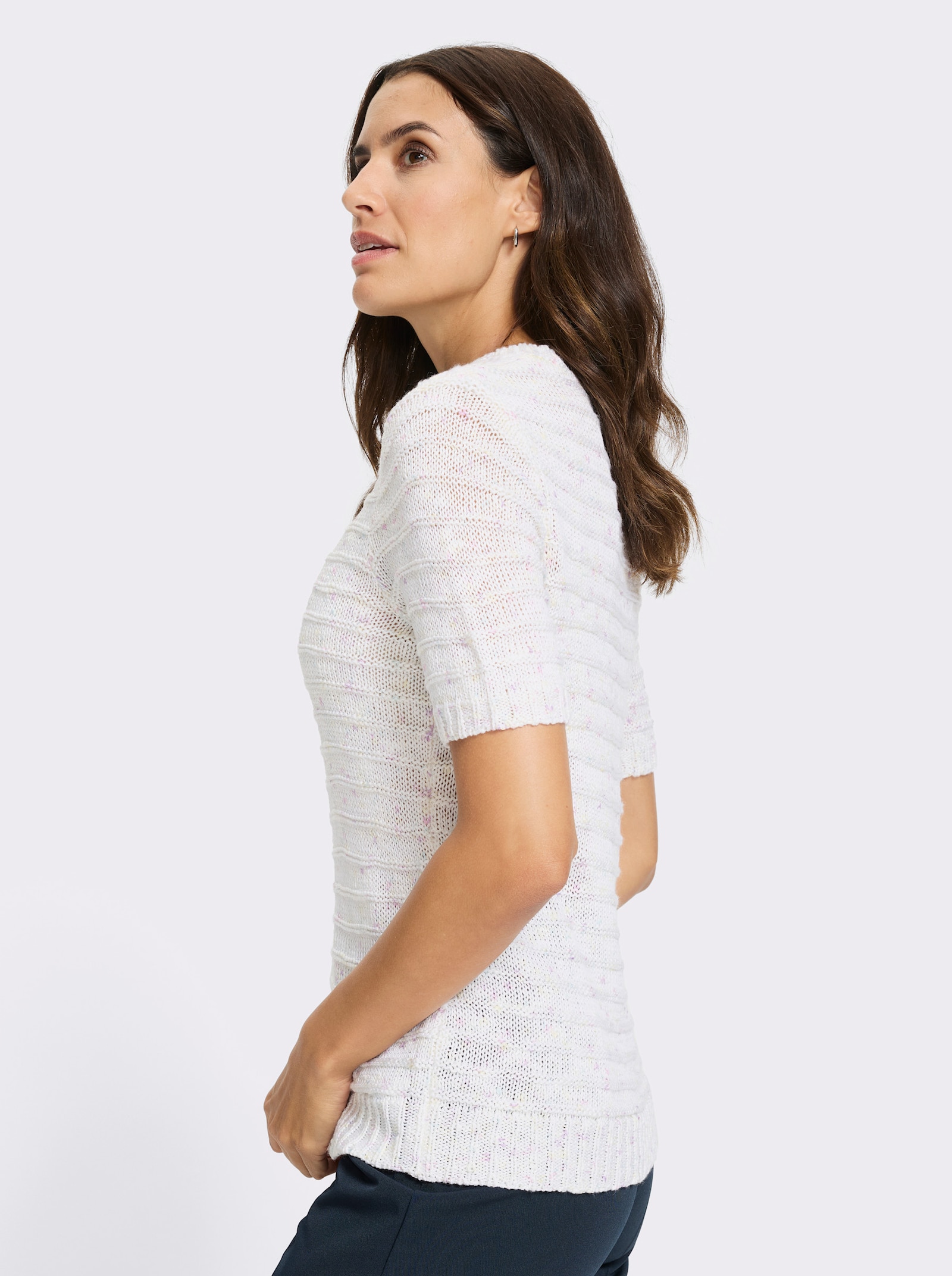 Kurzarmpullover in Rippenstruktur - weiß-gemustert