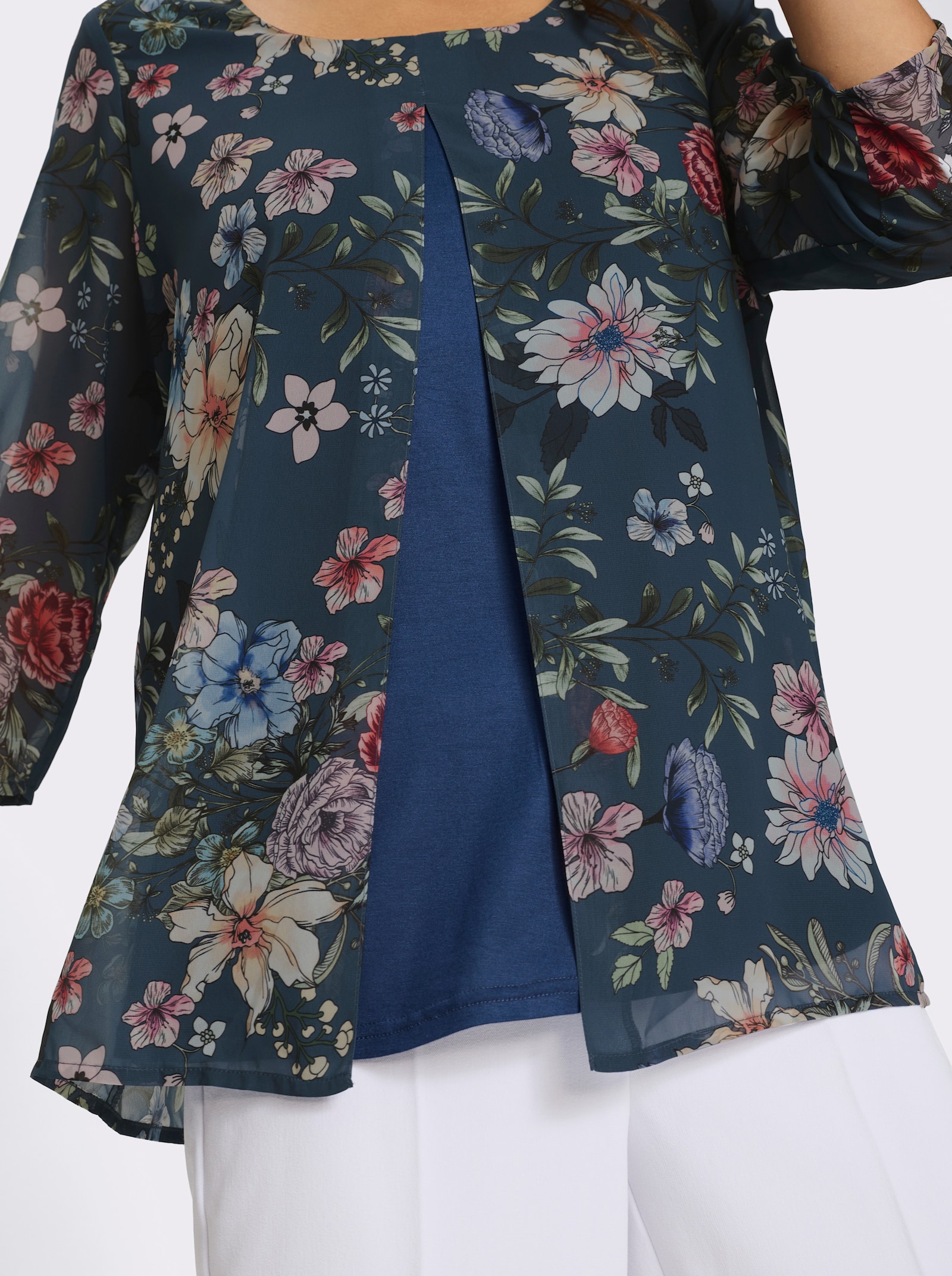 Druckbluse in 2-in-1-Optik - dunkelblau-orchidee-bedruckt