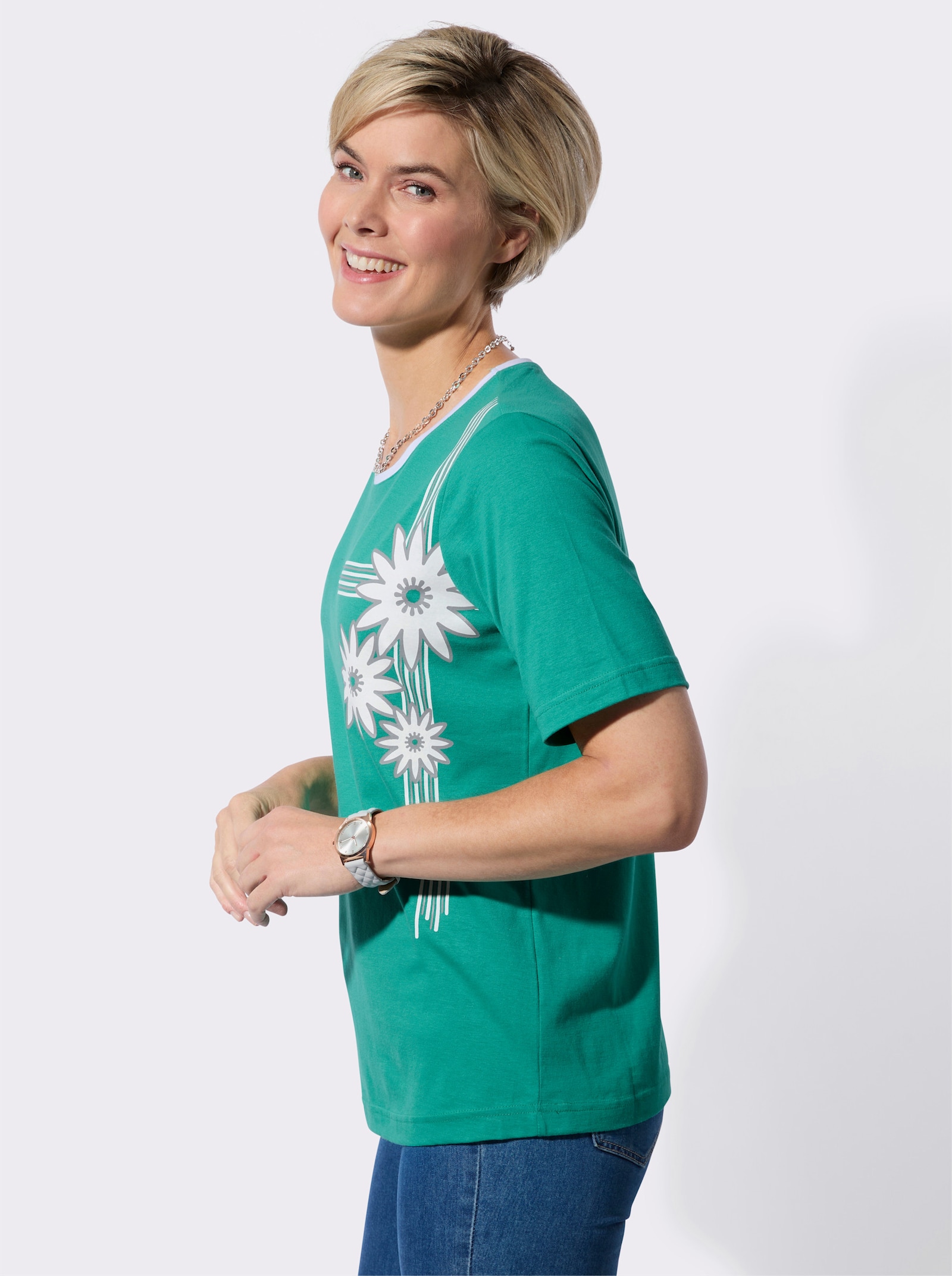 Kurzarmshirt mit platziertem Blütenprint - smaragd