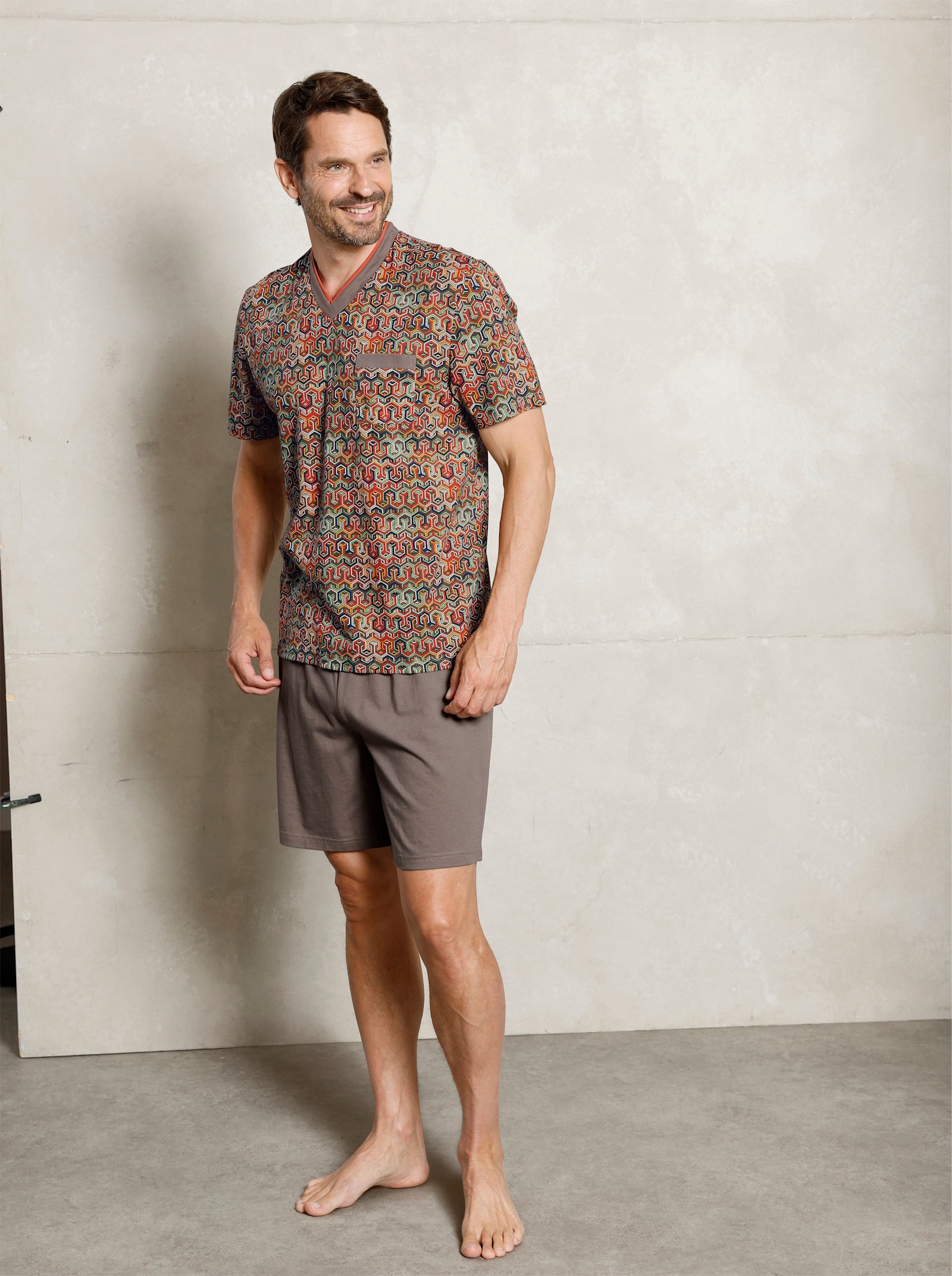 wäschepur men Shorty mit Dehnbund-Hose - terra-dunkeltaupe-bedruckt