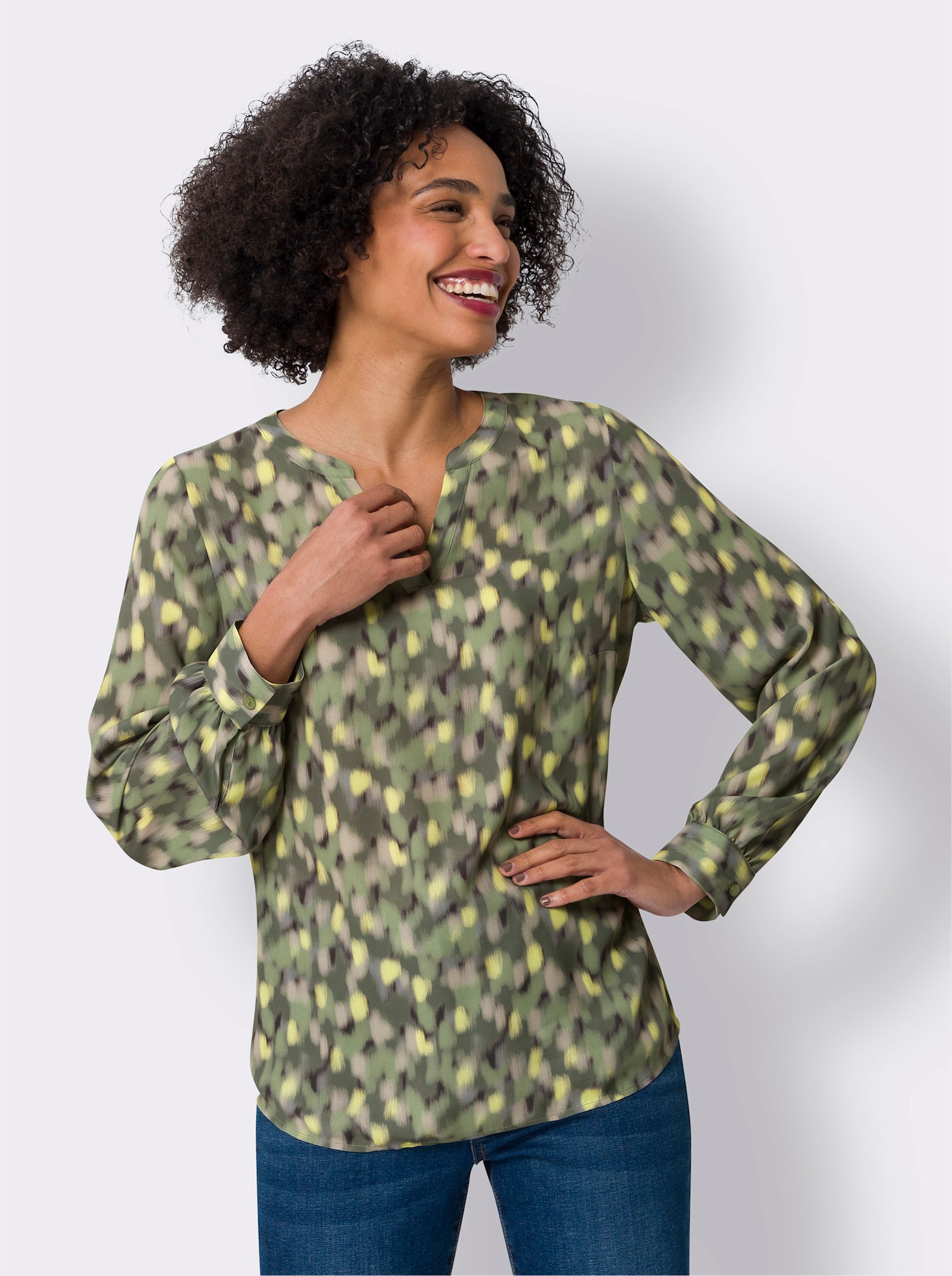 heine Schlupfbluse in Crêpe-Qualität - khaki-beige-bedruckt