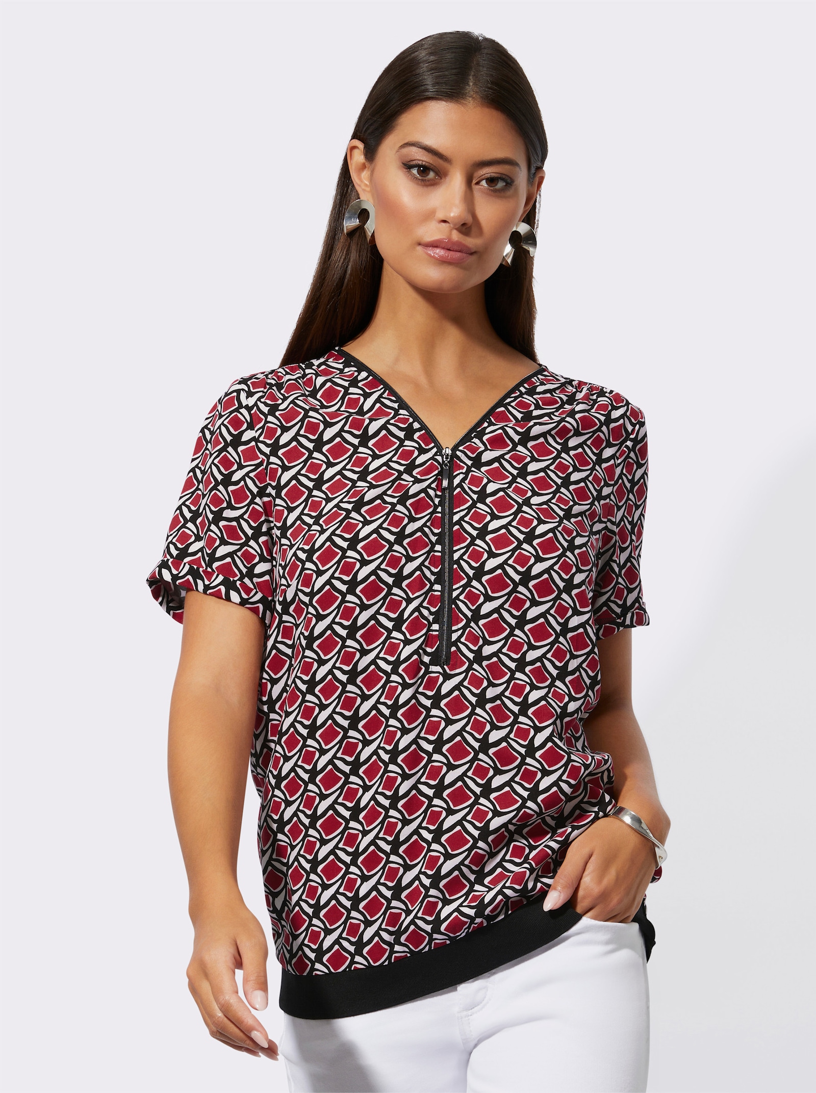 Druckbluse mit langem Reißverschluss - rot-schwarz-bedruckt