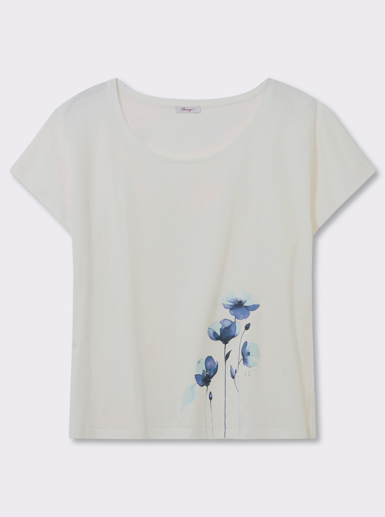 sheego Rundhalsshirt mit Blütenprint am Saum - ecru-tiefblau-bedruckt