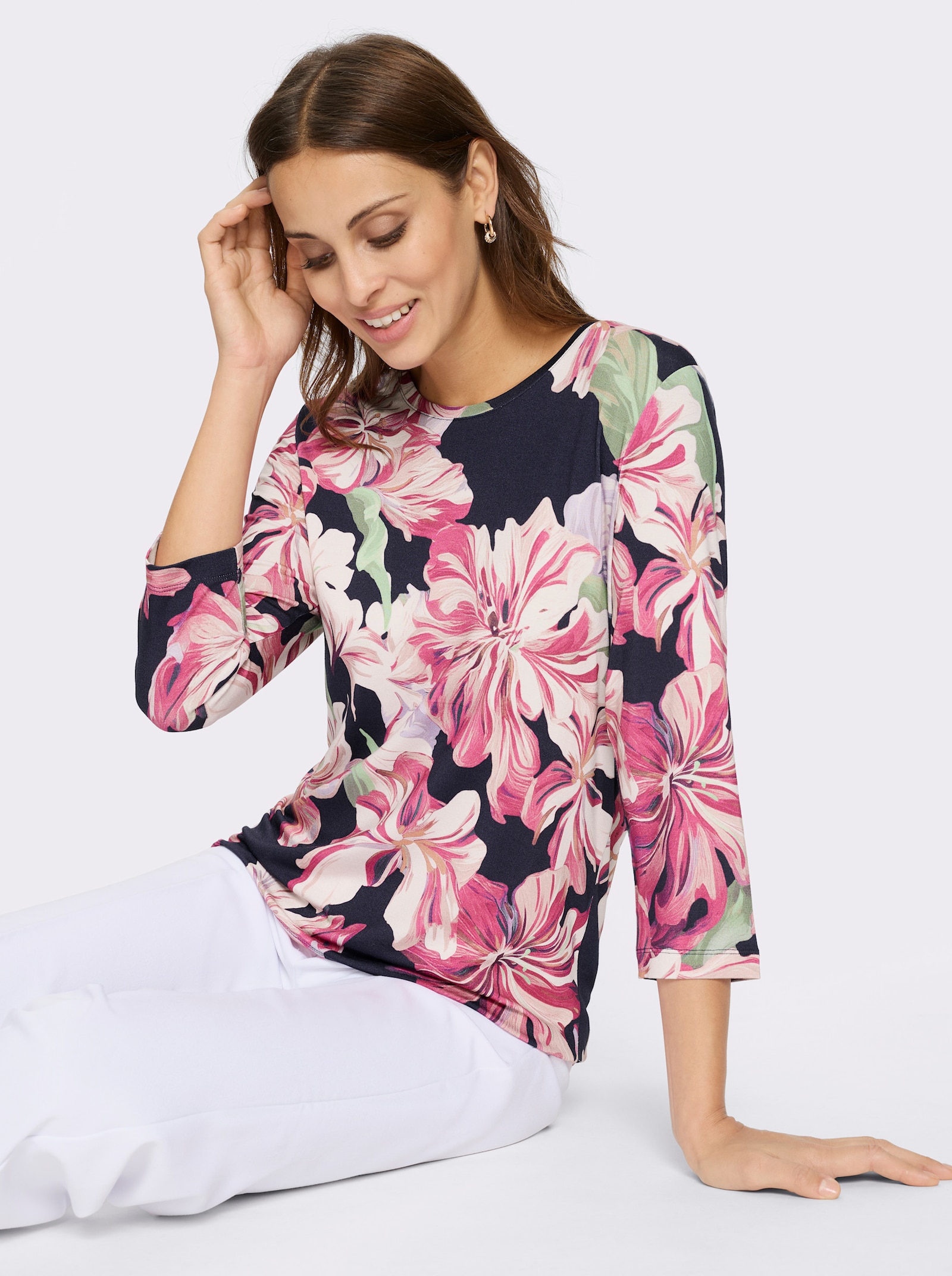 Print-Shirt mit 3/4-Ärmeln - marine-magenta-bedruckt