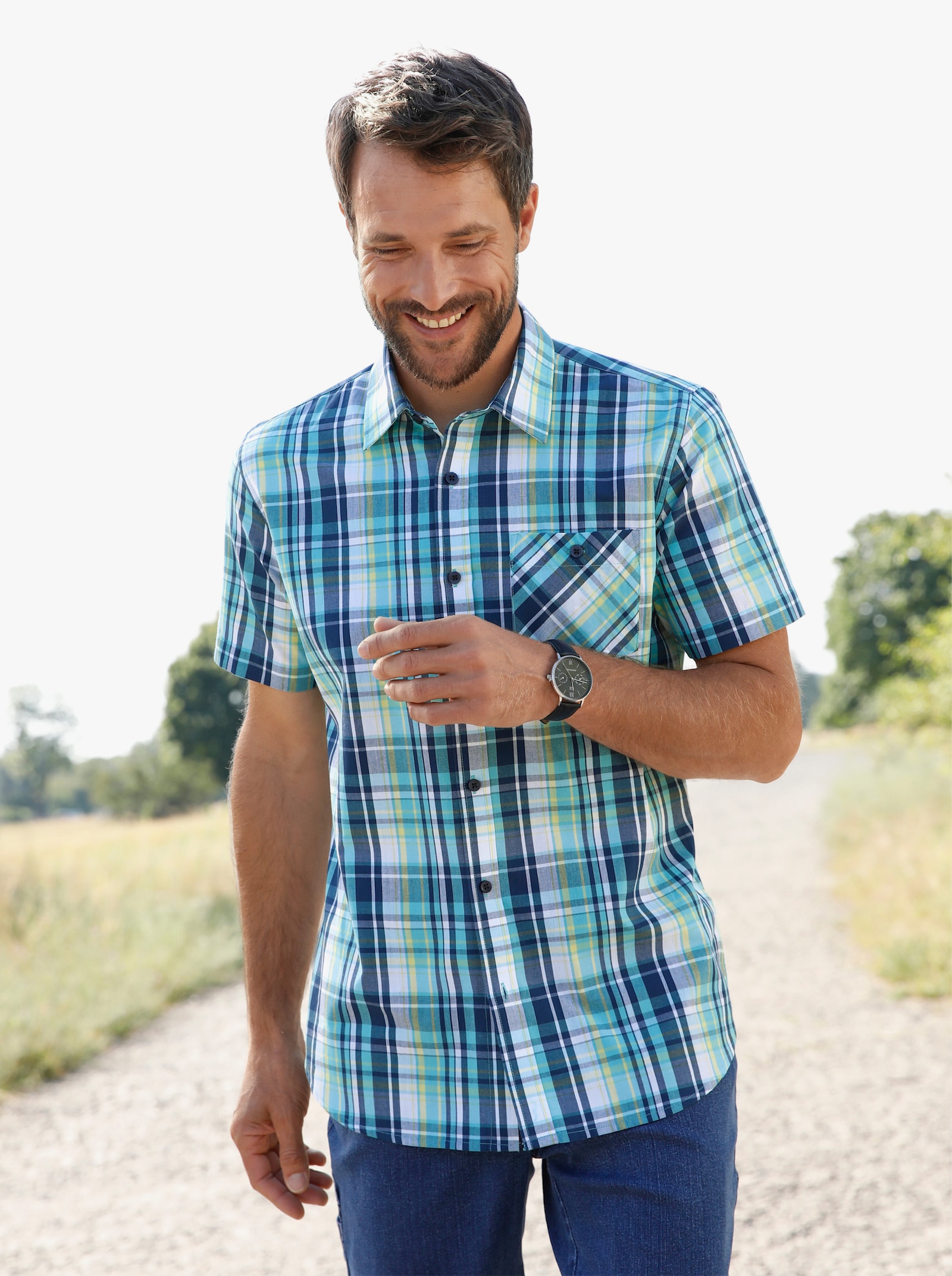 Catamaran Kurzarm-Hemd - jeansblau-gelb-kariert