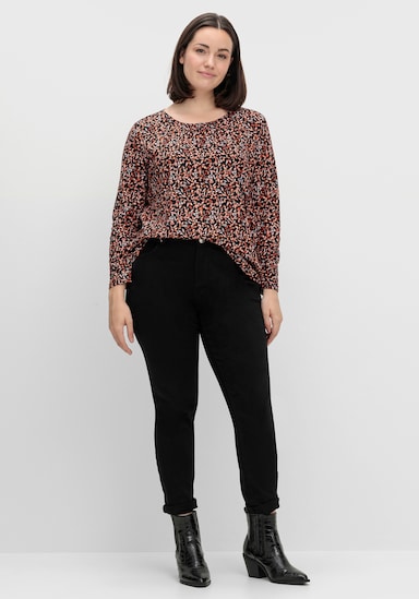 Langarmshirt mit Blüten-Dessin - schwarz-rostrot-bedruckt