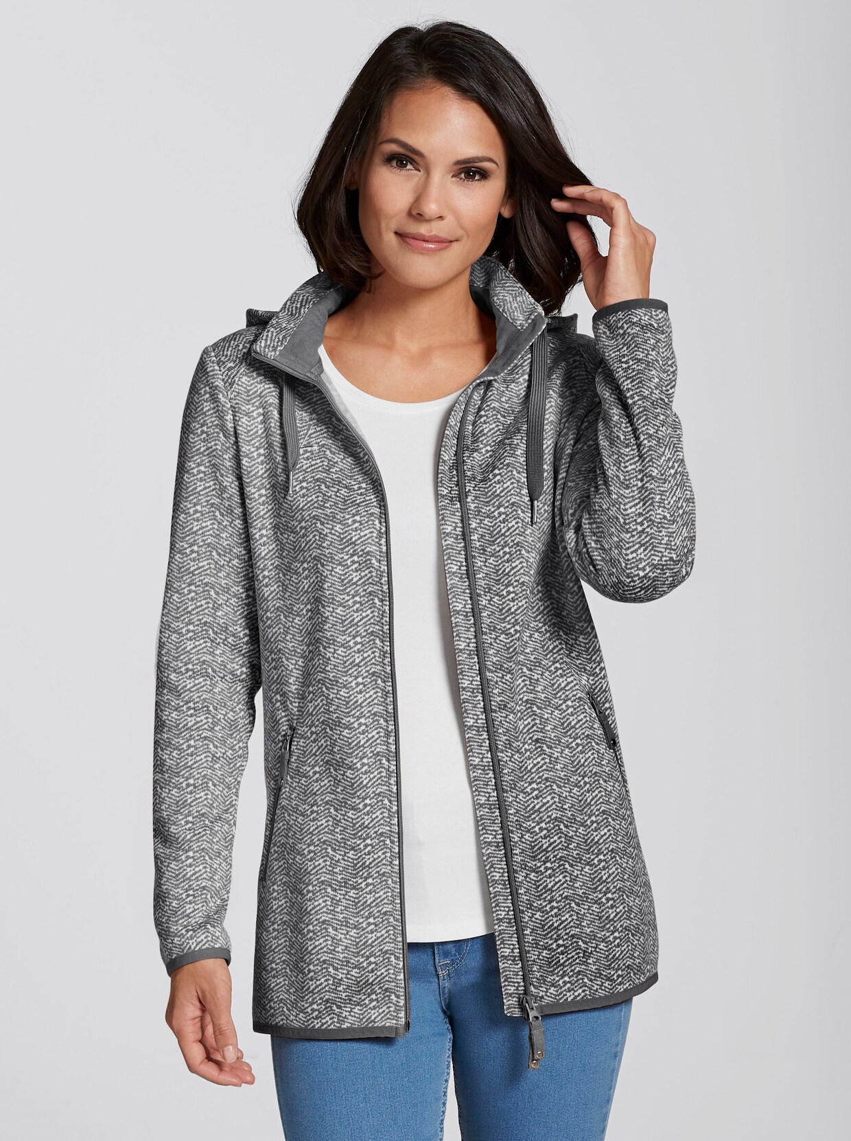 Kapuzenfleecejacke - grau-weiß-gemustert
