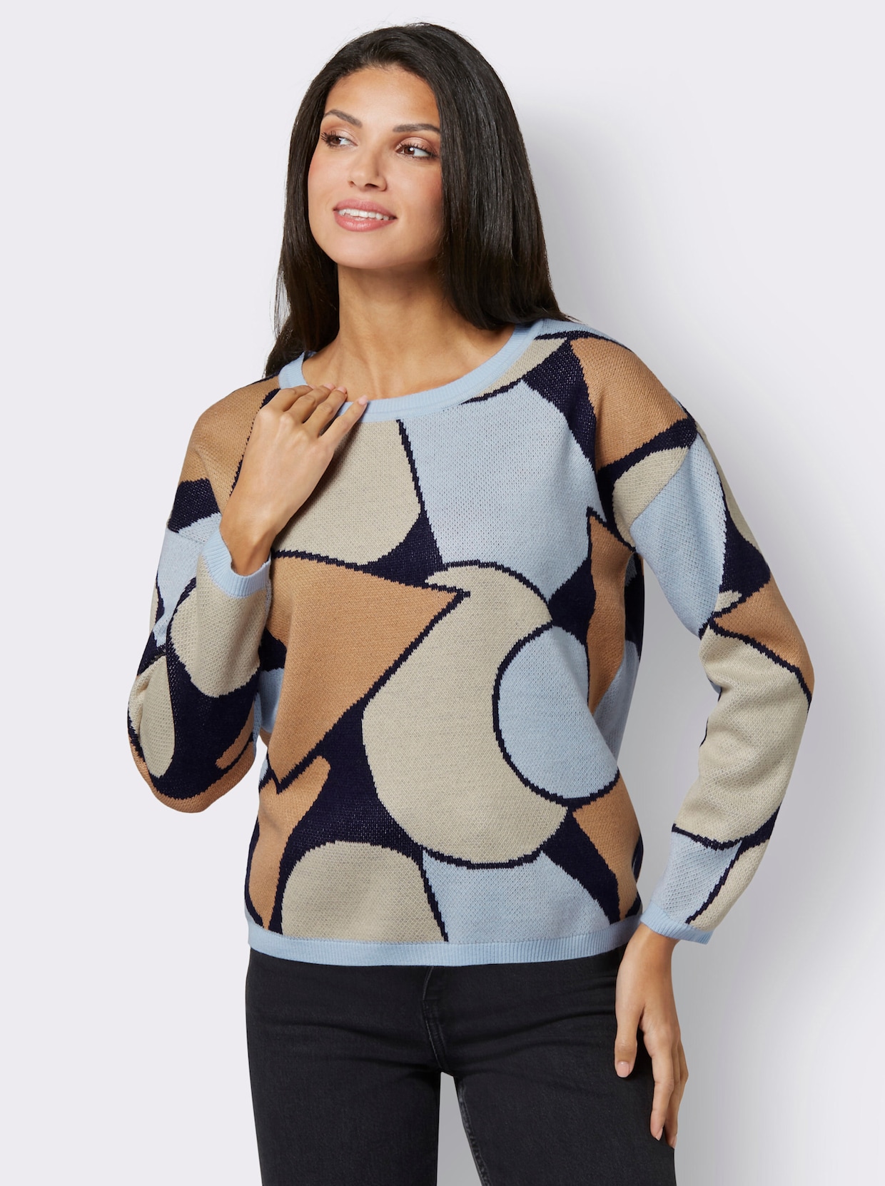 Pullover van jacquard - camel/lichtblauw gedessineerd