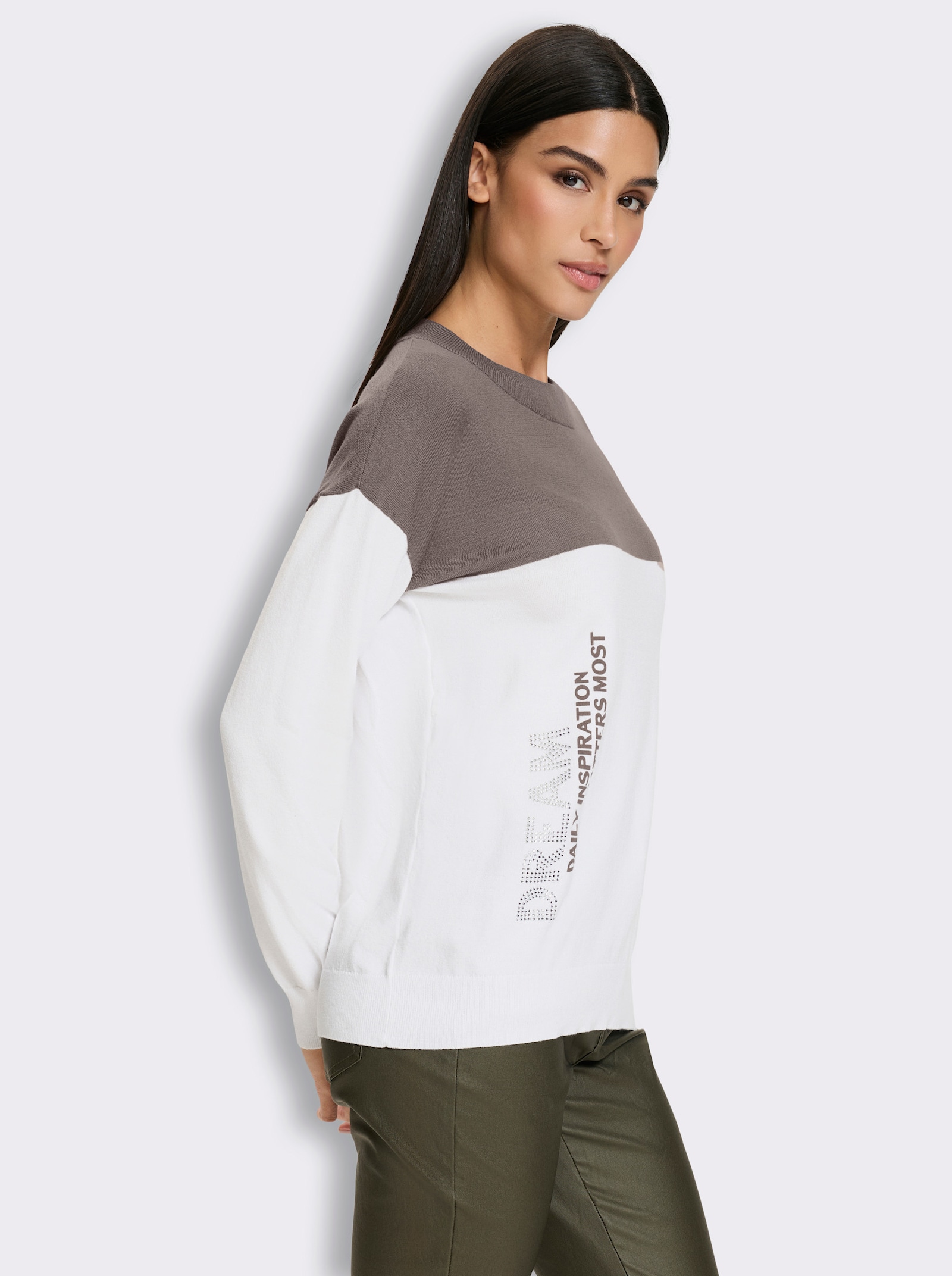 heine Langarm-Pullover im Colour blocking - taupe-ecru-gemustert