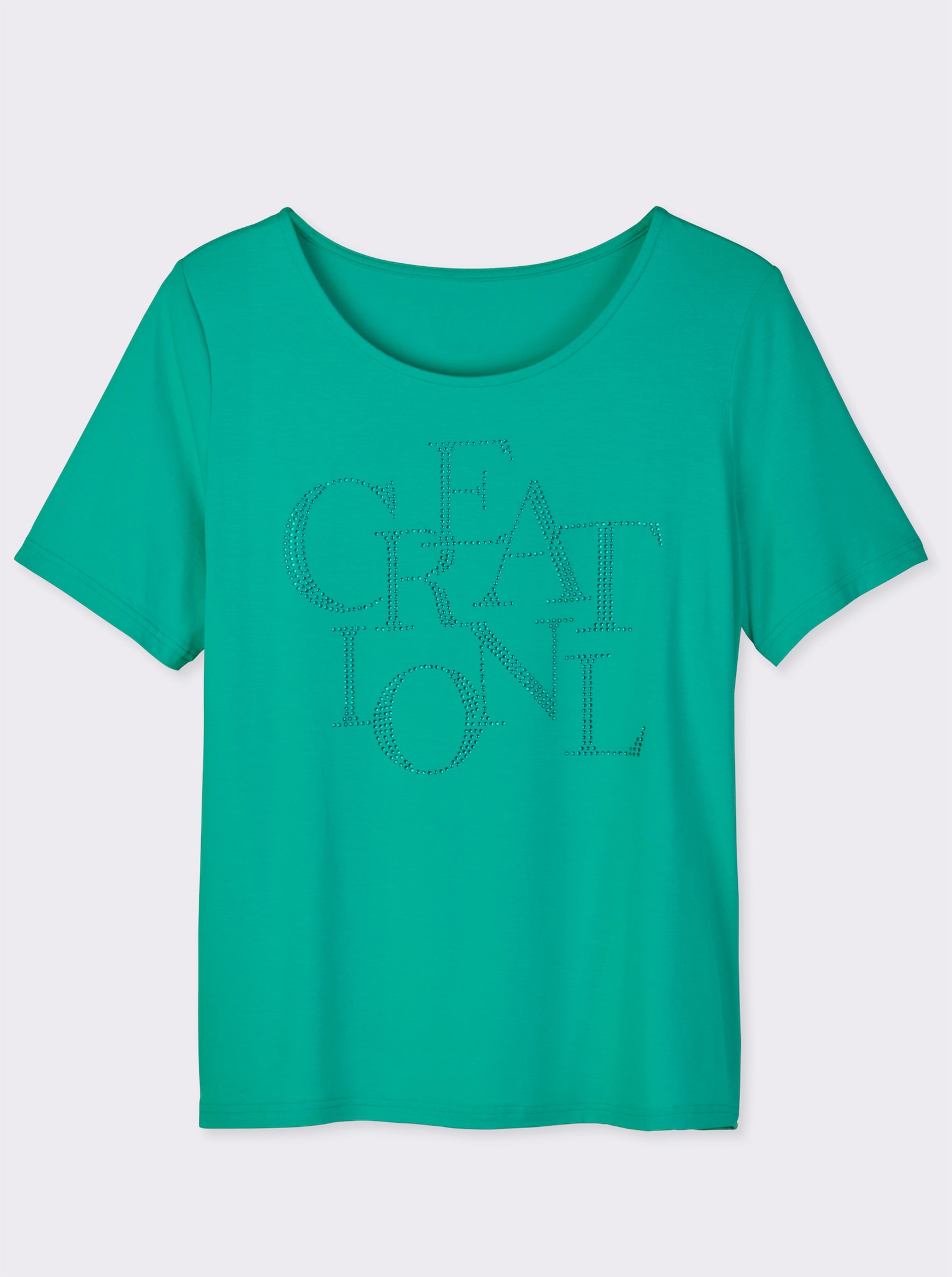 Kurzarmshirt mit Schriftzug aus Glitzersteinchen - blaugrün