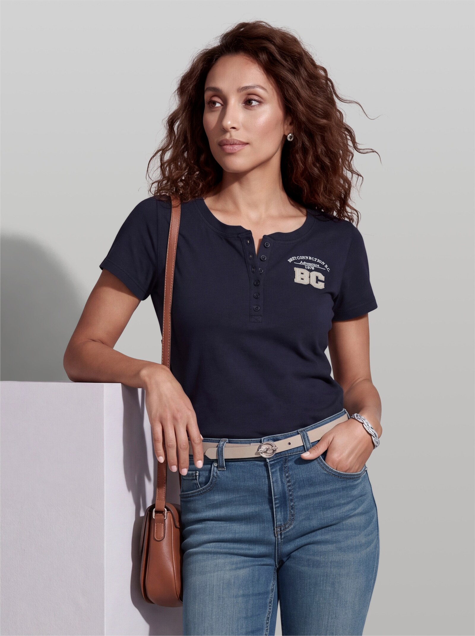 heine T-Shirt mit Schriftzug - marine