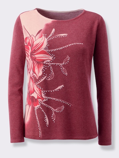 Langarm-Pullover mit Glitzersteinchen - dunkelrot-rot-bedruckt