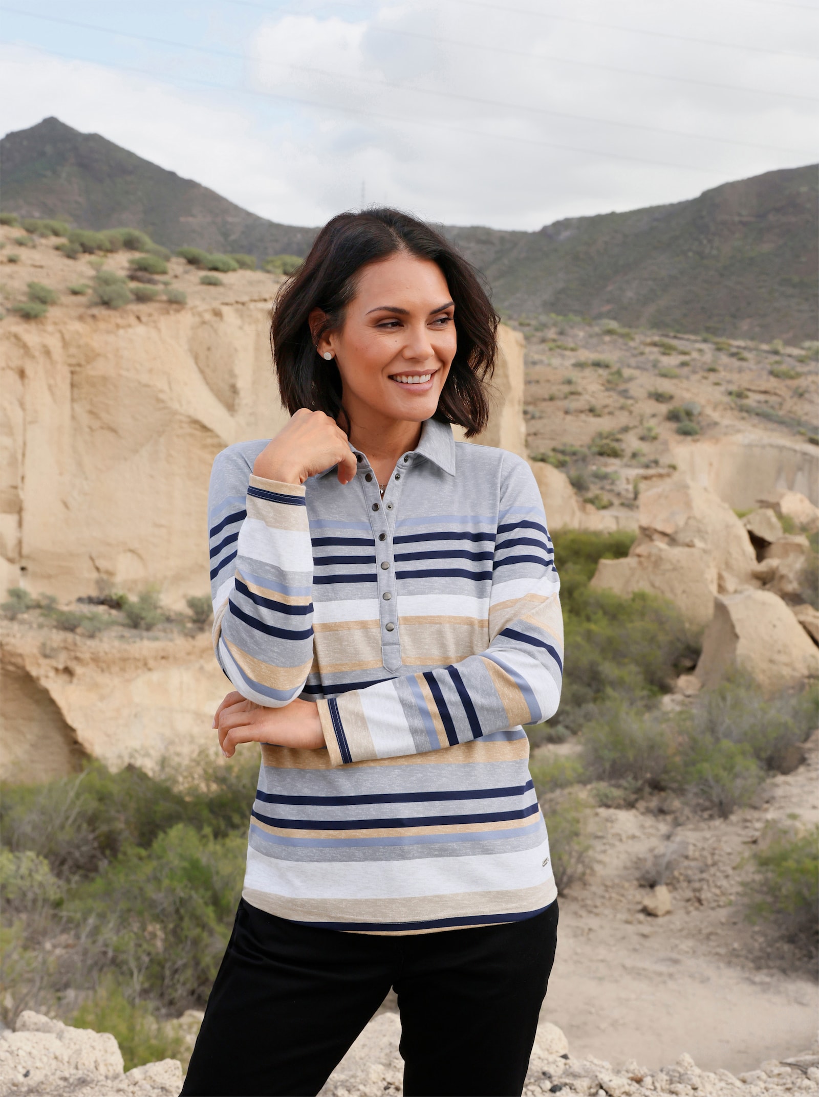 Poloshirt mit Druckknöpfen - grau-taubenblau-geringelt