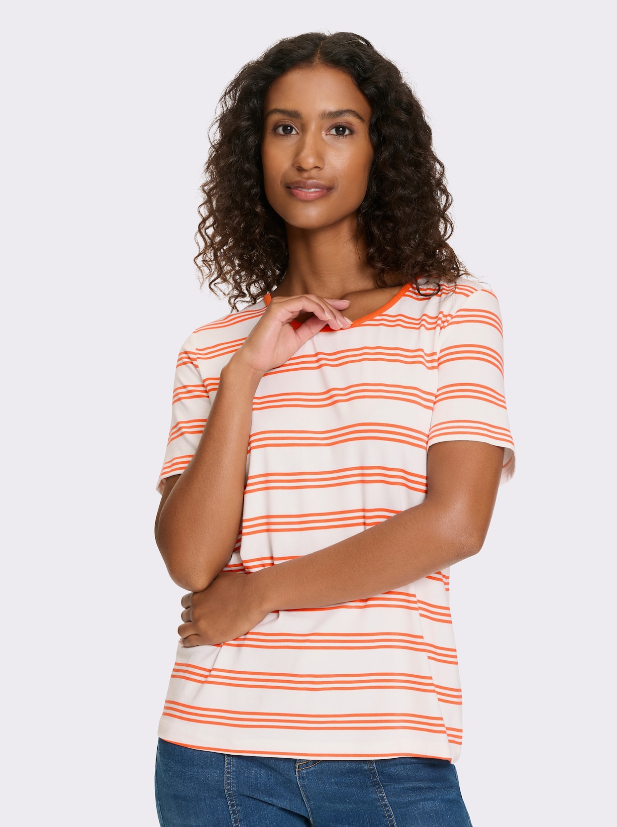 heine Kurzarmshirt - orange-ecru-gestreift
