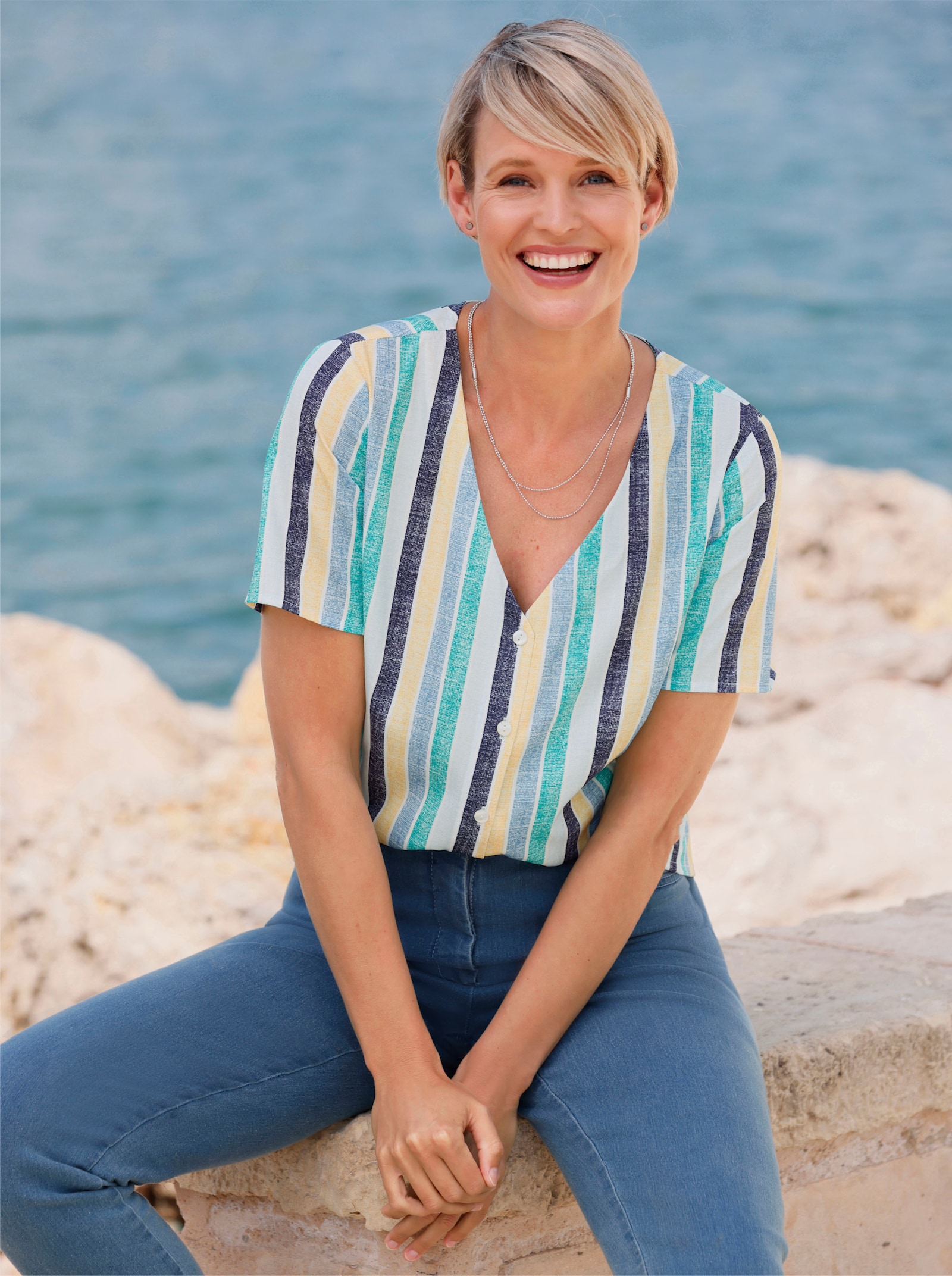 Blouse met korte mouwen in streepdessin - middenblauw/geel gestreept