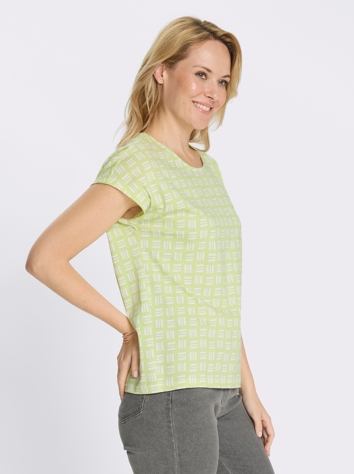 Kurzarmshirt im Allover-Druckmuster - pistazie-ecru-bedruckt