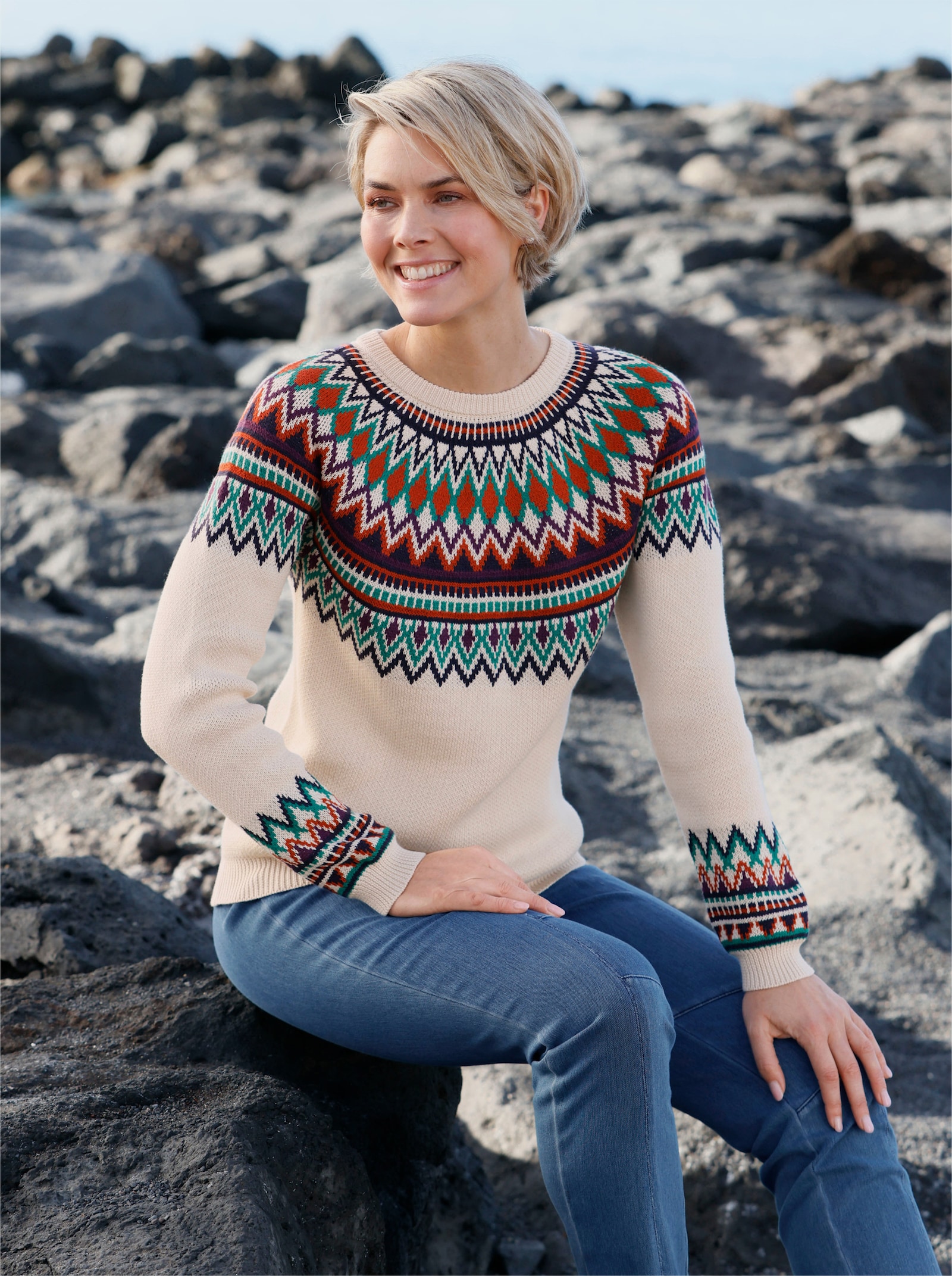 Pullover mit Norweger-Muster - sand-rostrot-gemustert