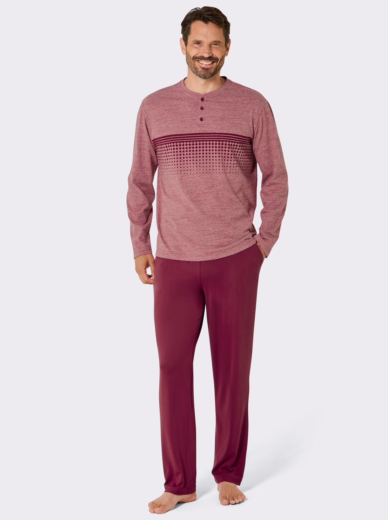 wäschepur men Schlafanzug mit weiter Hose - dunkelrot-beige-meliert