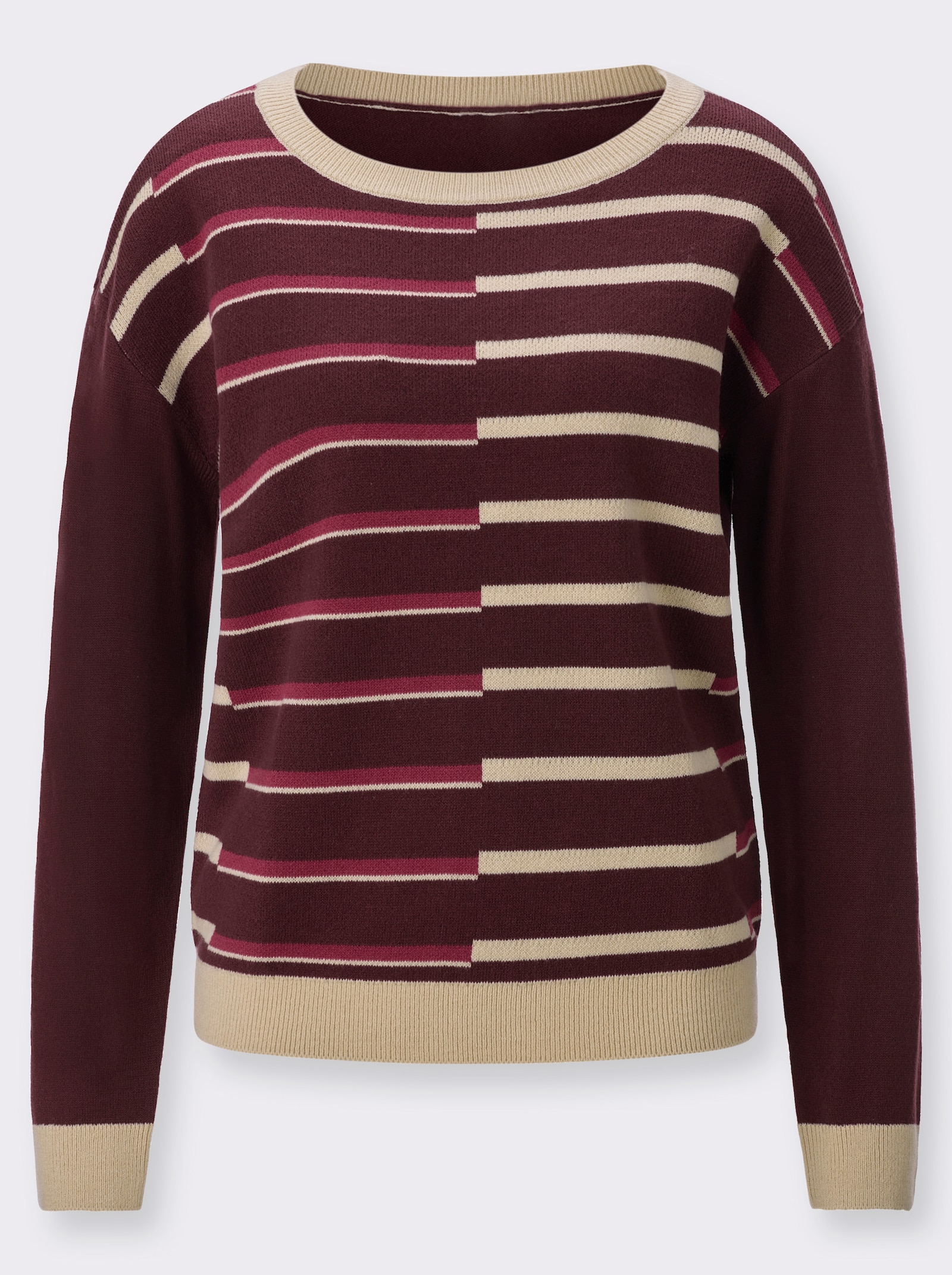 Rundhalspullover mit Jacquard-Streifen-Muster - burgund-malve-gemustert