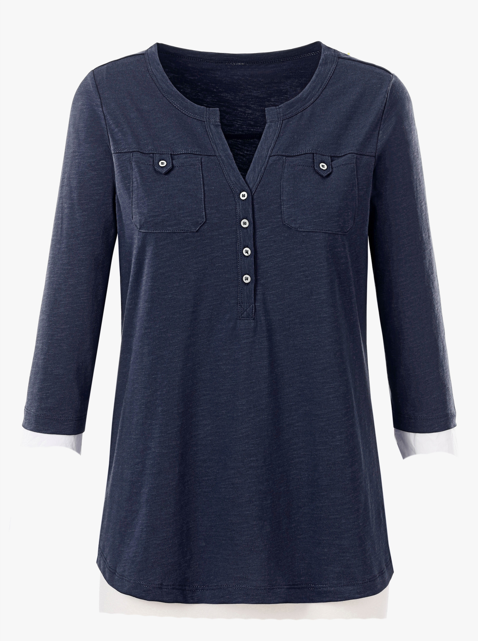 Rundhalsshirt mit knöpfbaren Brusttaschen - marine