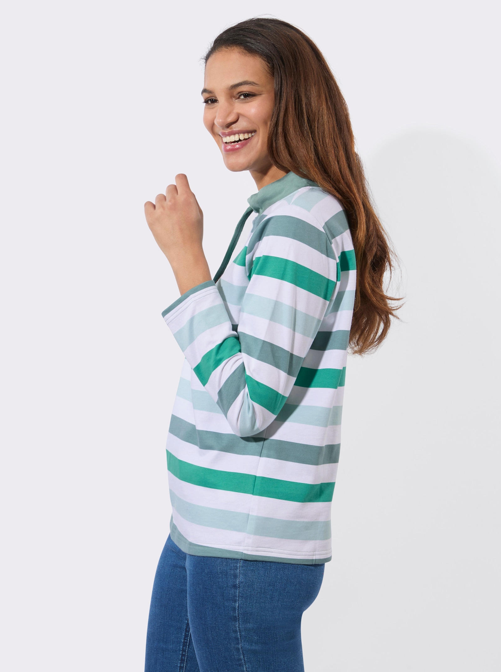 Sweatshirt mit halsfernem Stehkragen - kalkmint-jade-geringelt