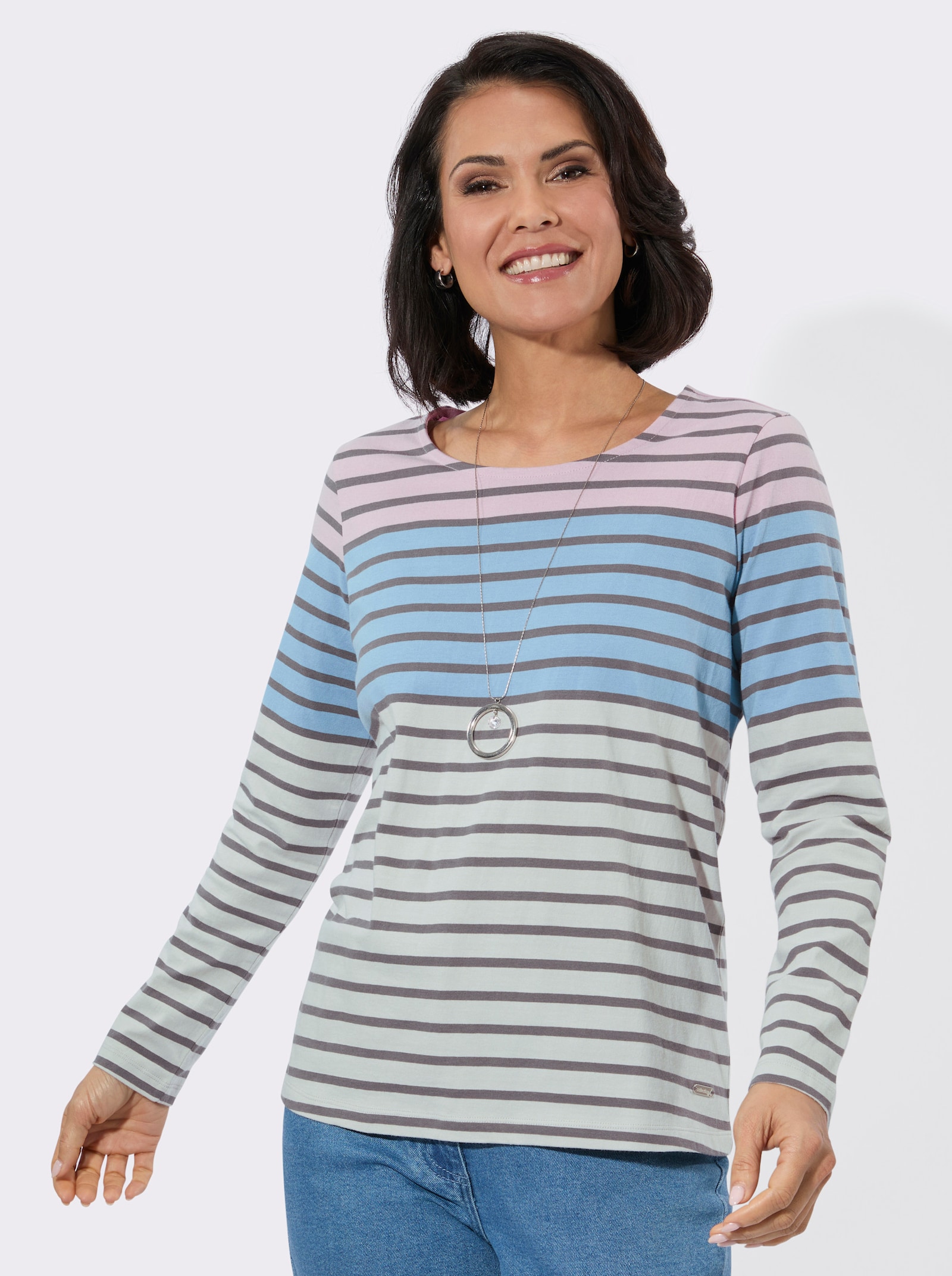 Langarmshirt im Ringel-Dessin - hellgrau-rosé-geringelt