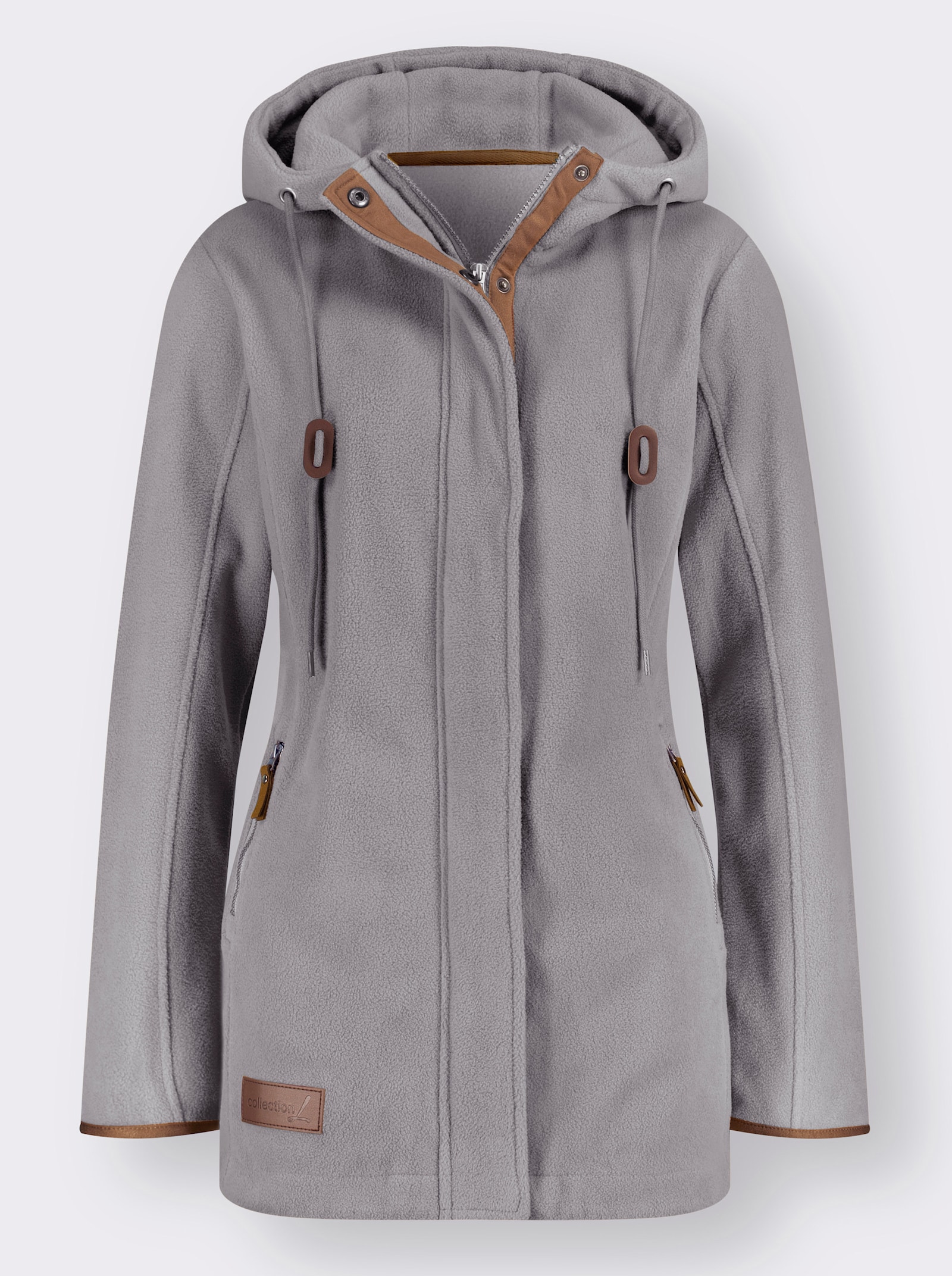 Kapuzenfleecejacke mit verdecktem Reissverschluss - steingrau-meliert