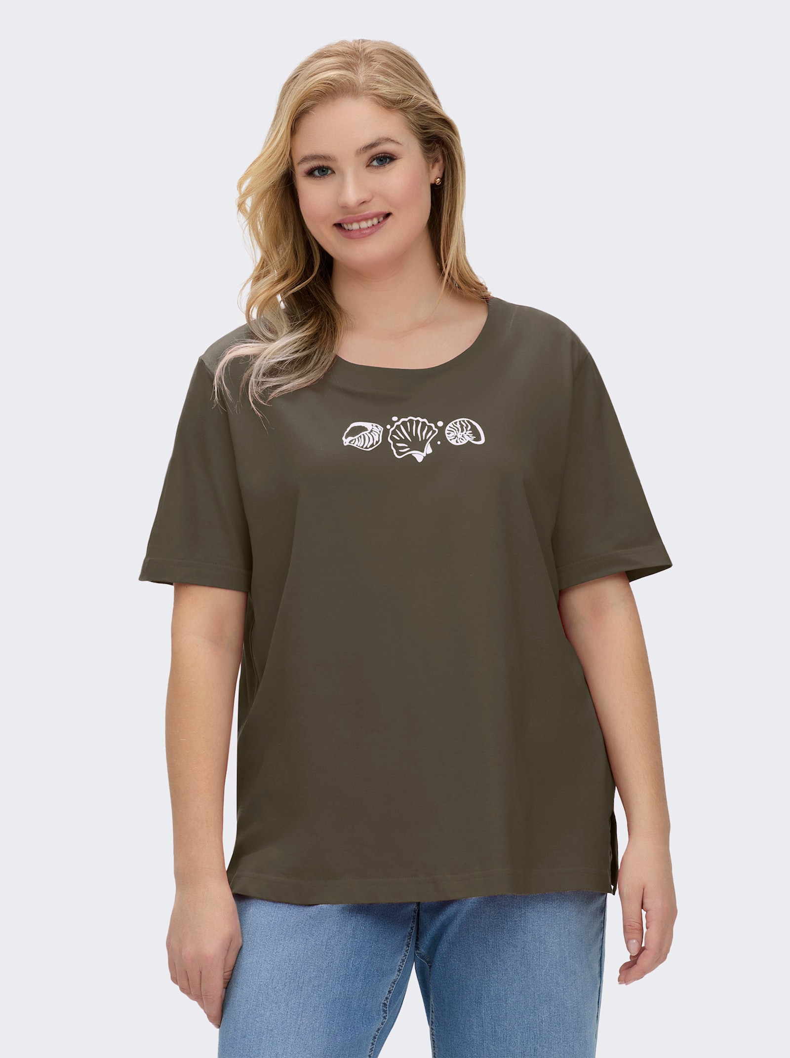 Kurzarmshirt mit Muschel-Druck - oliv