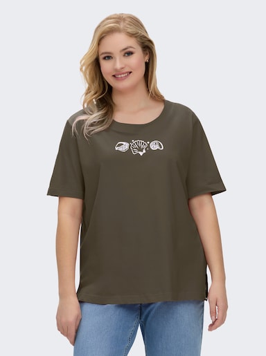 Kurzarmshirt mit Muschel-Druck - oliv