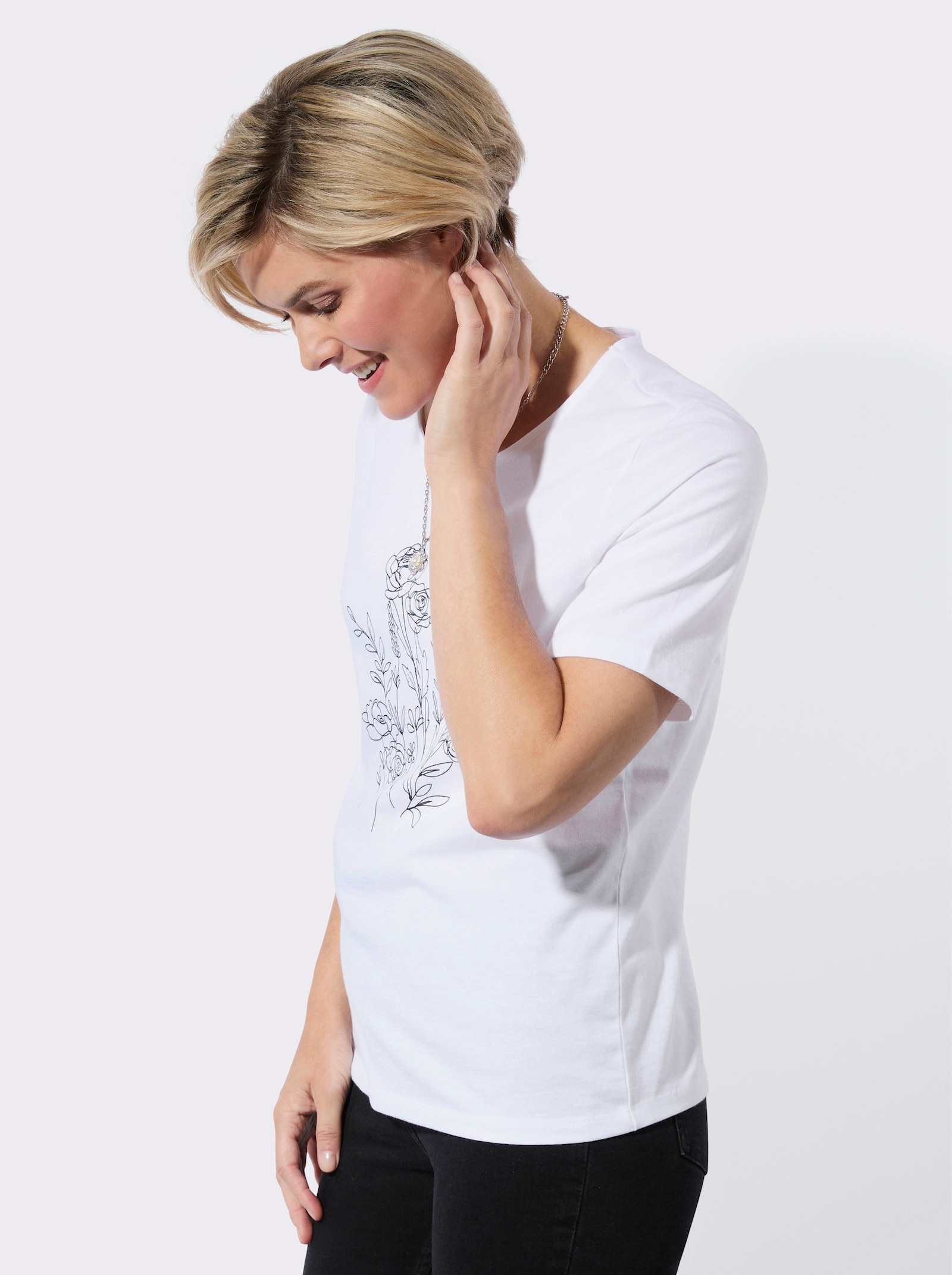 Rundhalsshirt mit Blüten-Print - weiß