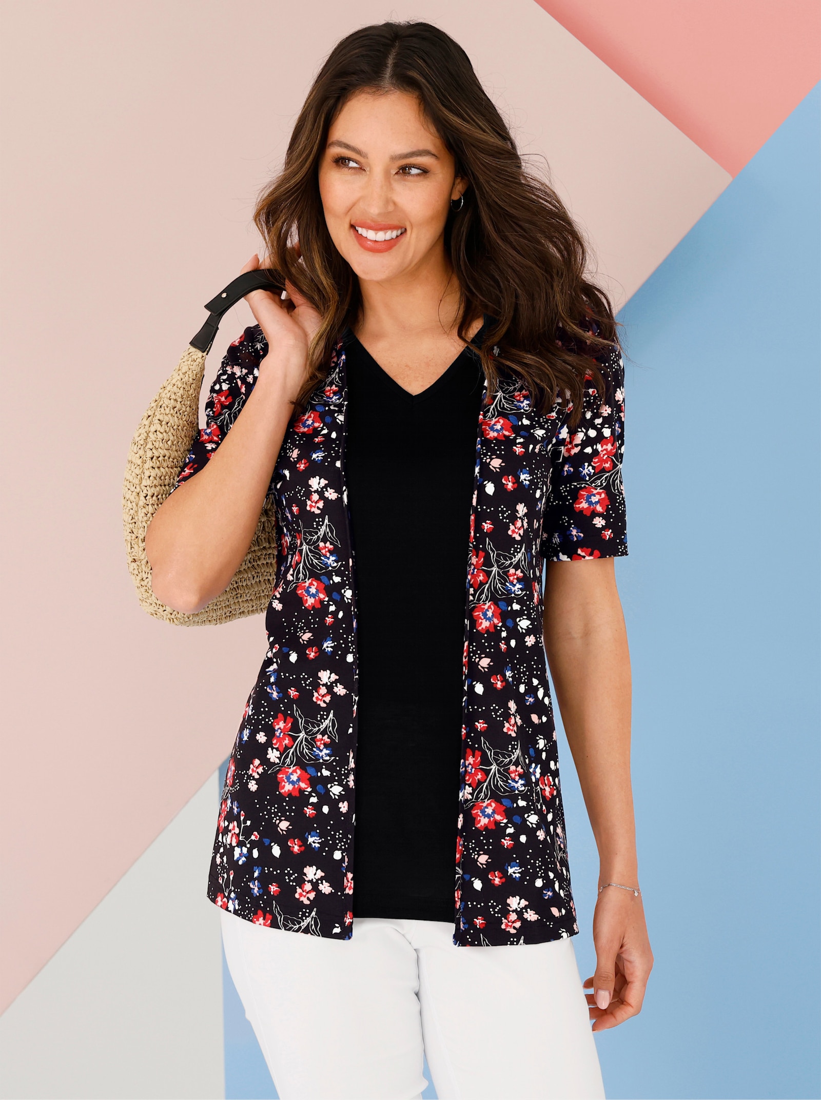 2-in-1-shirt in langer model, pure viscose - zwart/aardbei bedrukt