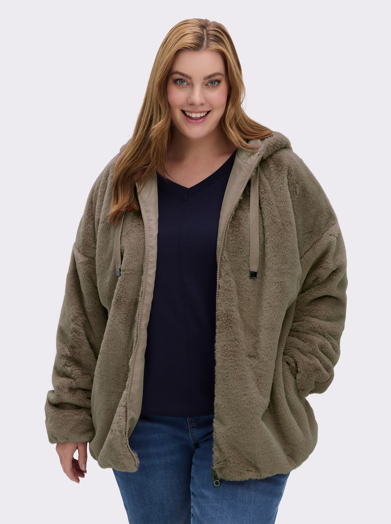 Fellimitatjacke mit Gummizug an Ärmeln und Saum - schlamm