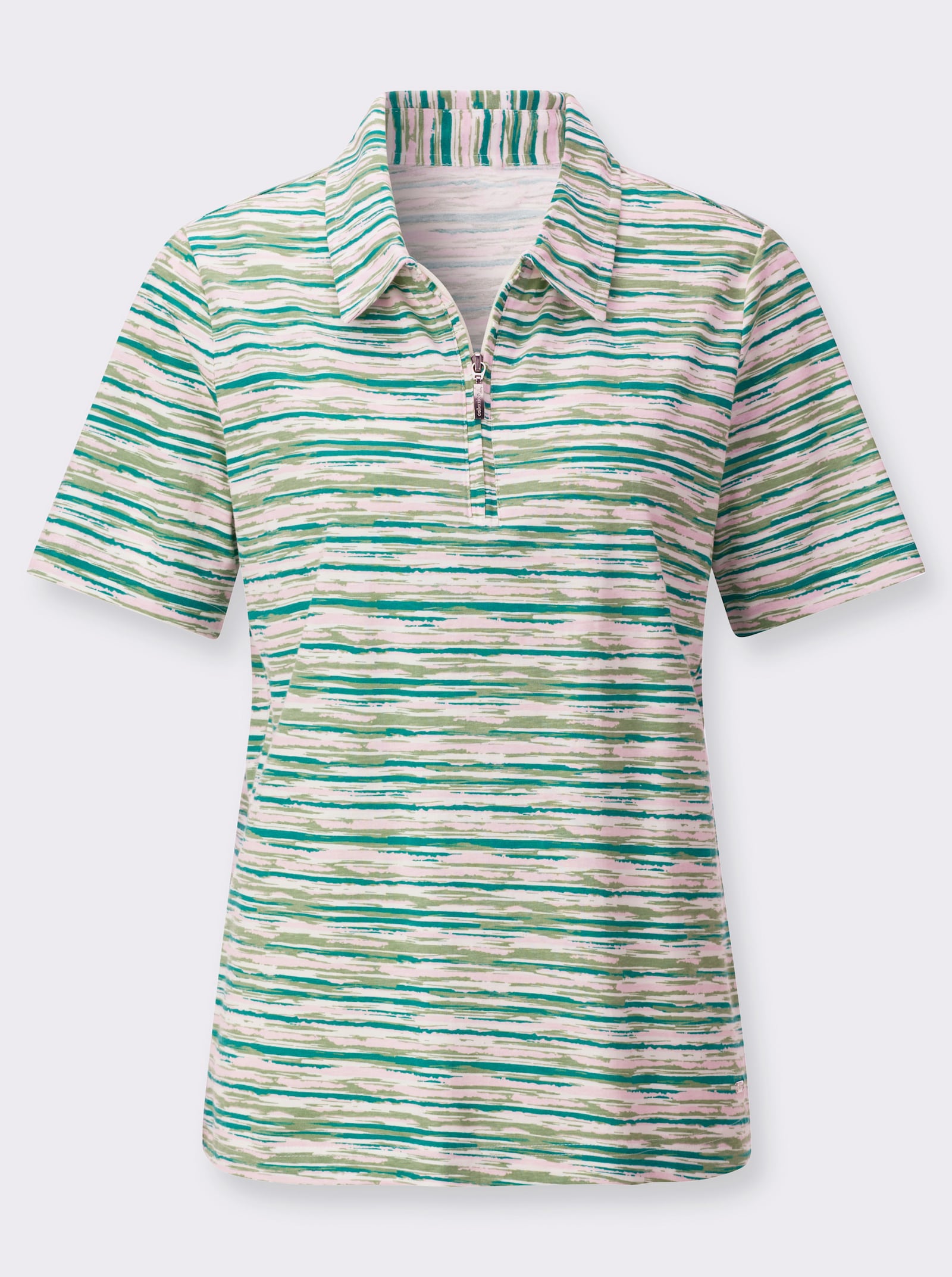Poloshirt mit Nylon-Reissverschluss - eucalyptus-hellrosé-bedruckt