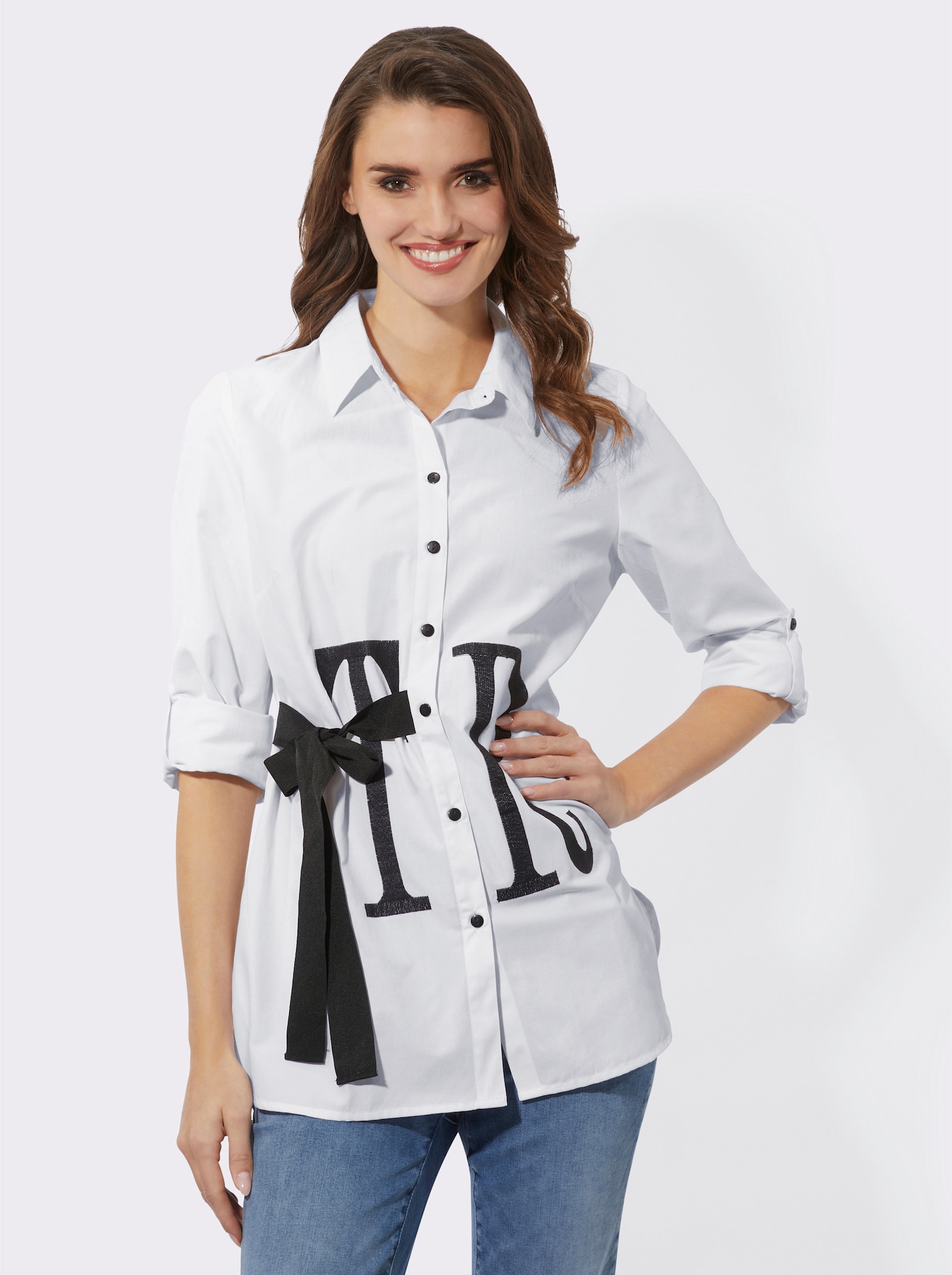 Longbluse mit Stickerei-Schriftzug - weiß-schwarz