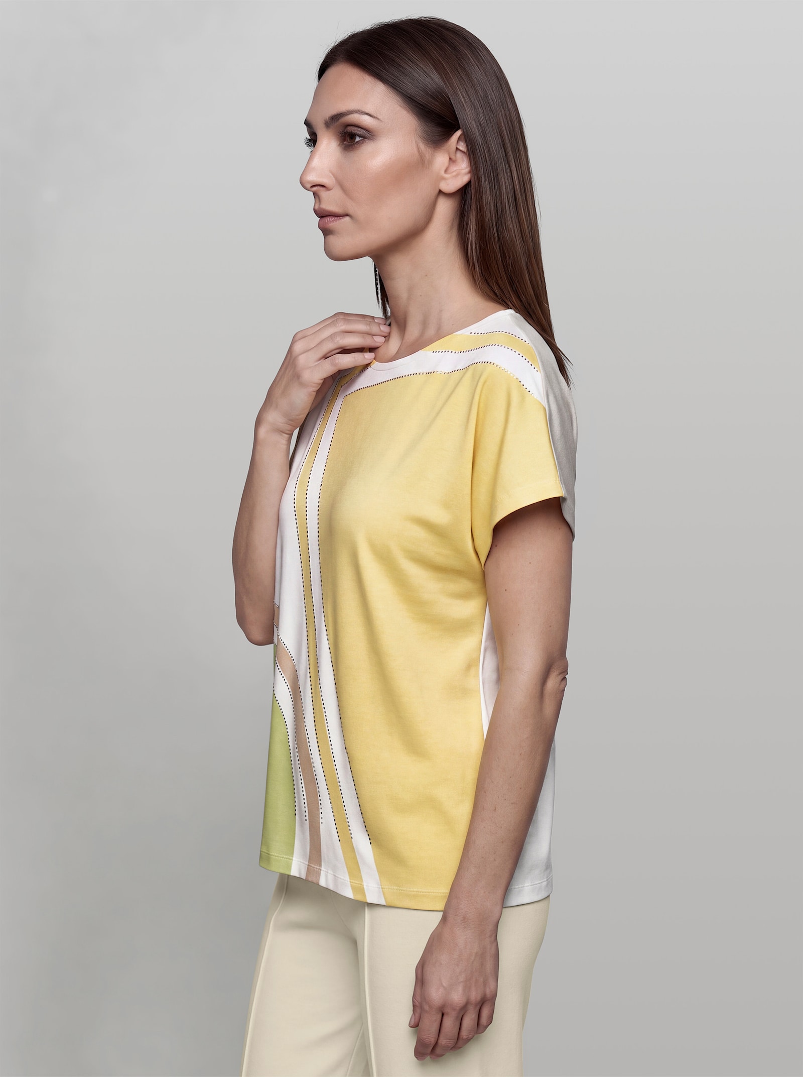 heine Print-Shirt mit Glitzersteinchen - ecru-zitrone-bedruckt