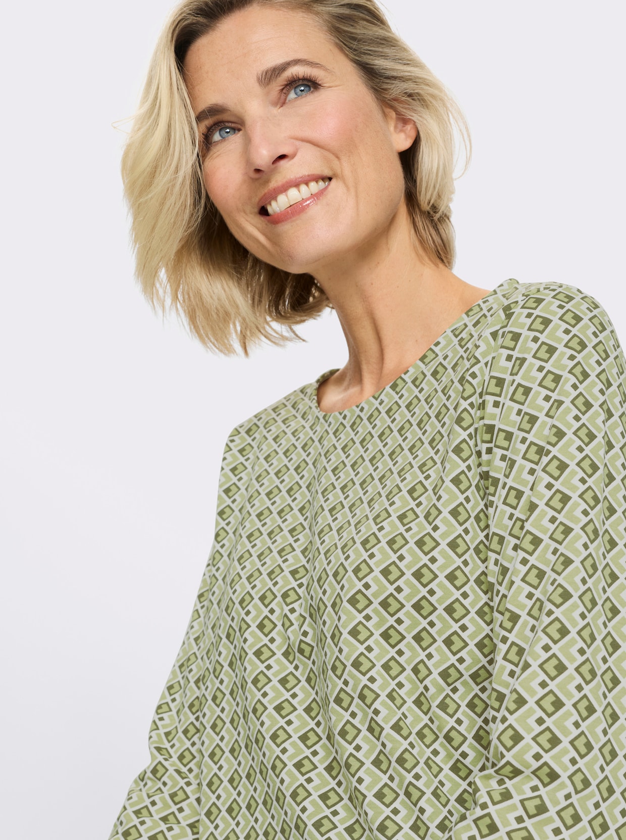 Shirt met lange mouwen en minimalistisch patroon, katoen - olijf/lindegroen bedrukt