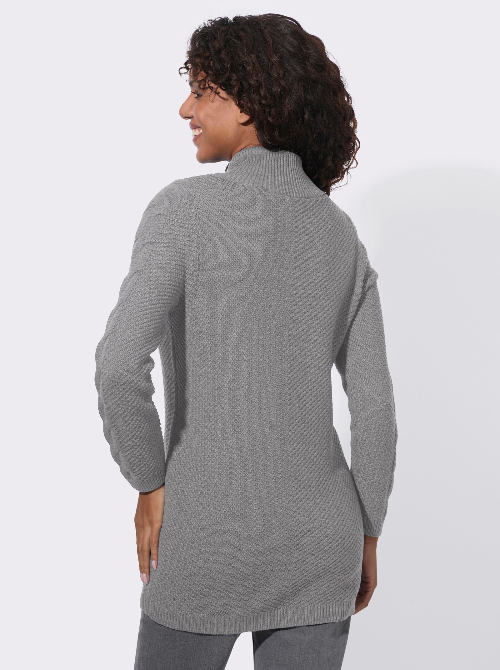  Longpullover mit Zopfmuster - steingrau-meliert