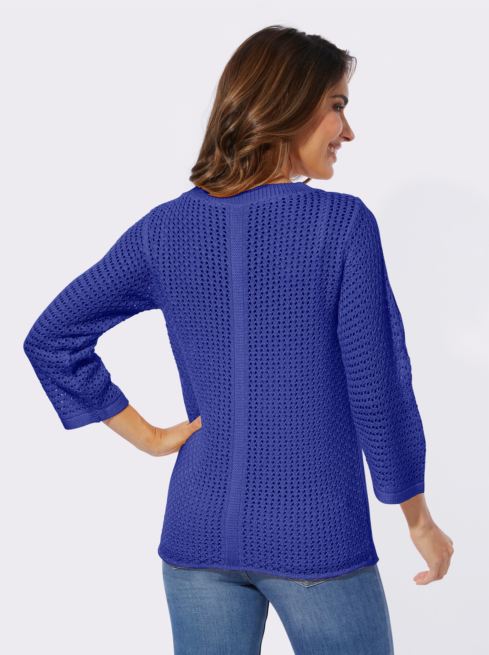 Ajourpullover mit weitem Rundhals-Ausschnitt - royalblau