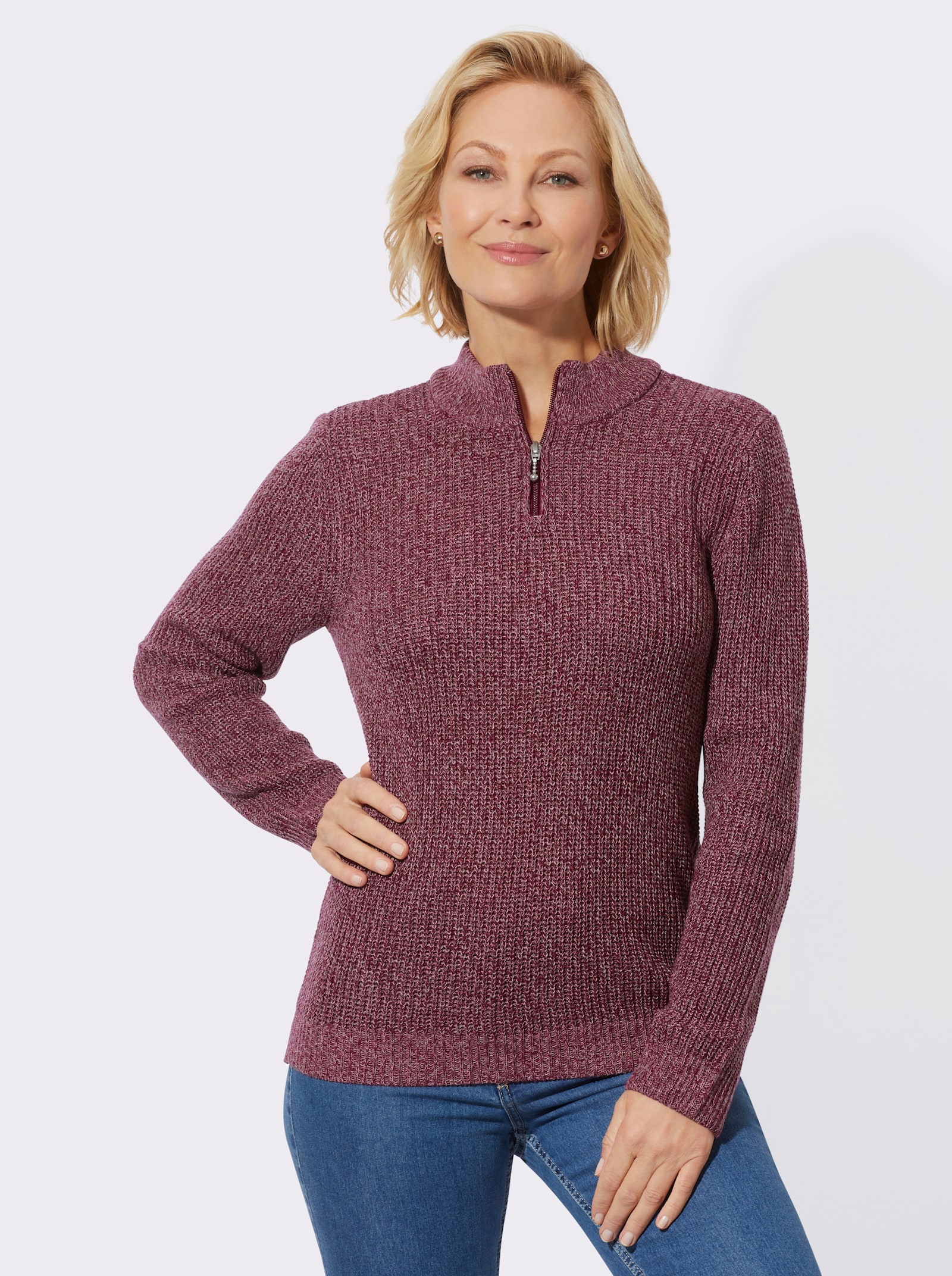 Pullover met opstaande kraag in gemêleerde look - bordeaux/grijs gemêleerd