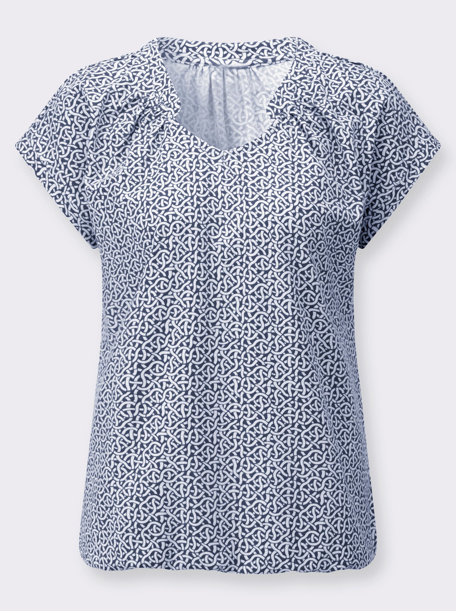 Kurzarmshirt mit kleinen Raffungen - royalblau-ecru-bedruckt