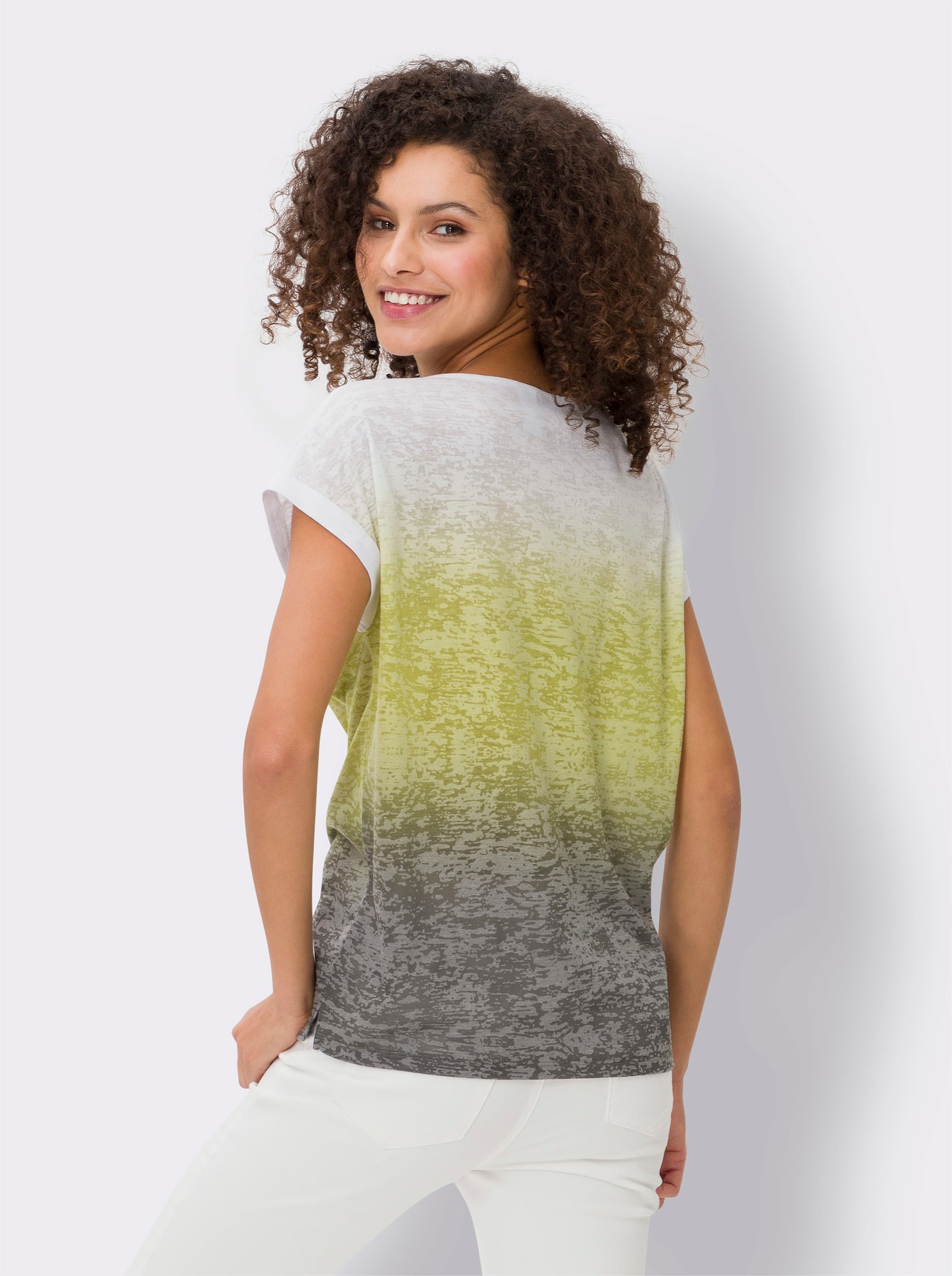 heine Rundhalsshirt mit Seitenschlitzen - ecru-khaki-gemustert